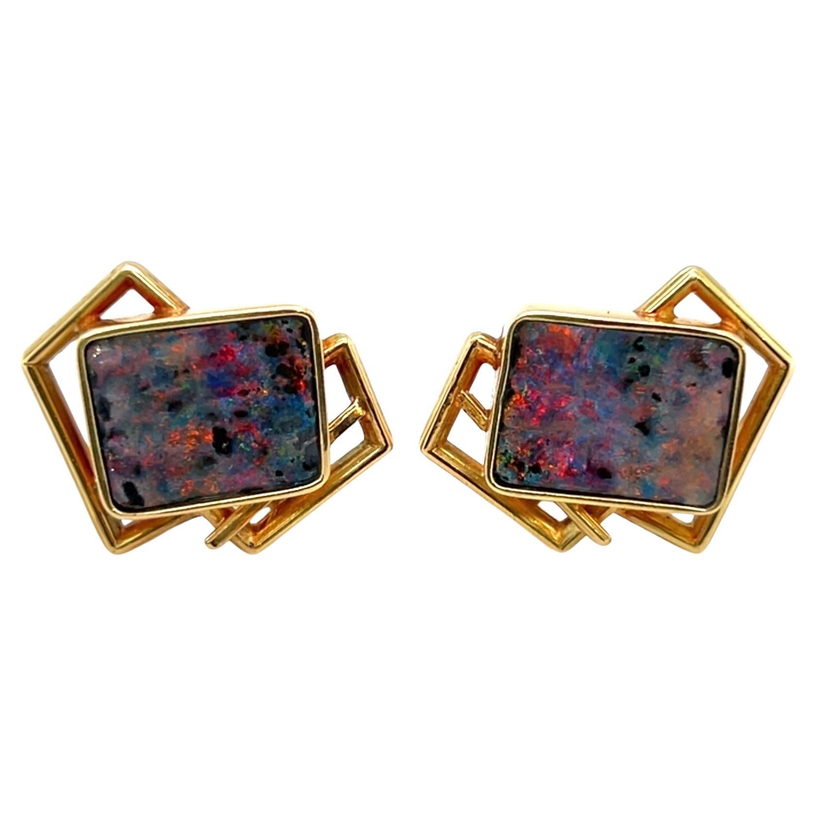 Modernist Gold and Opal Ear Clips