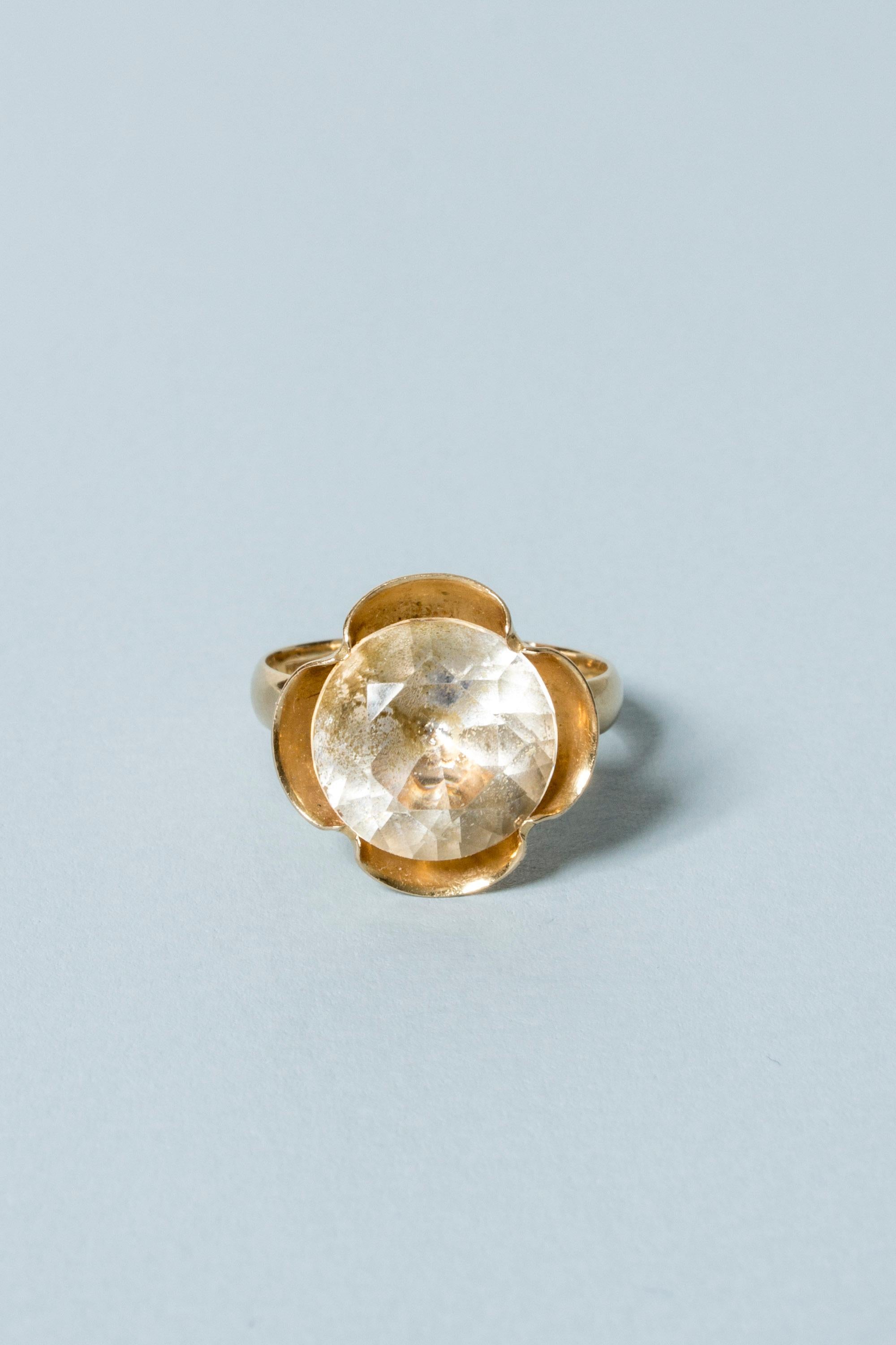 French Cut Modernist Gold and Rock Crystal Ring from Alton, Sweden, 1976