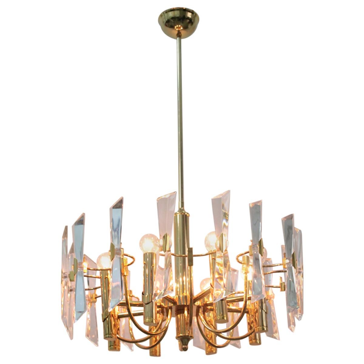 Modernist Gold Ceiling Lamp Sciolari 1970s Stilkronen Art Glass For Sale