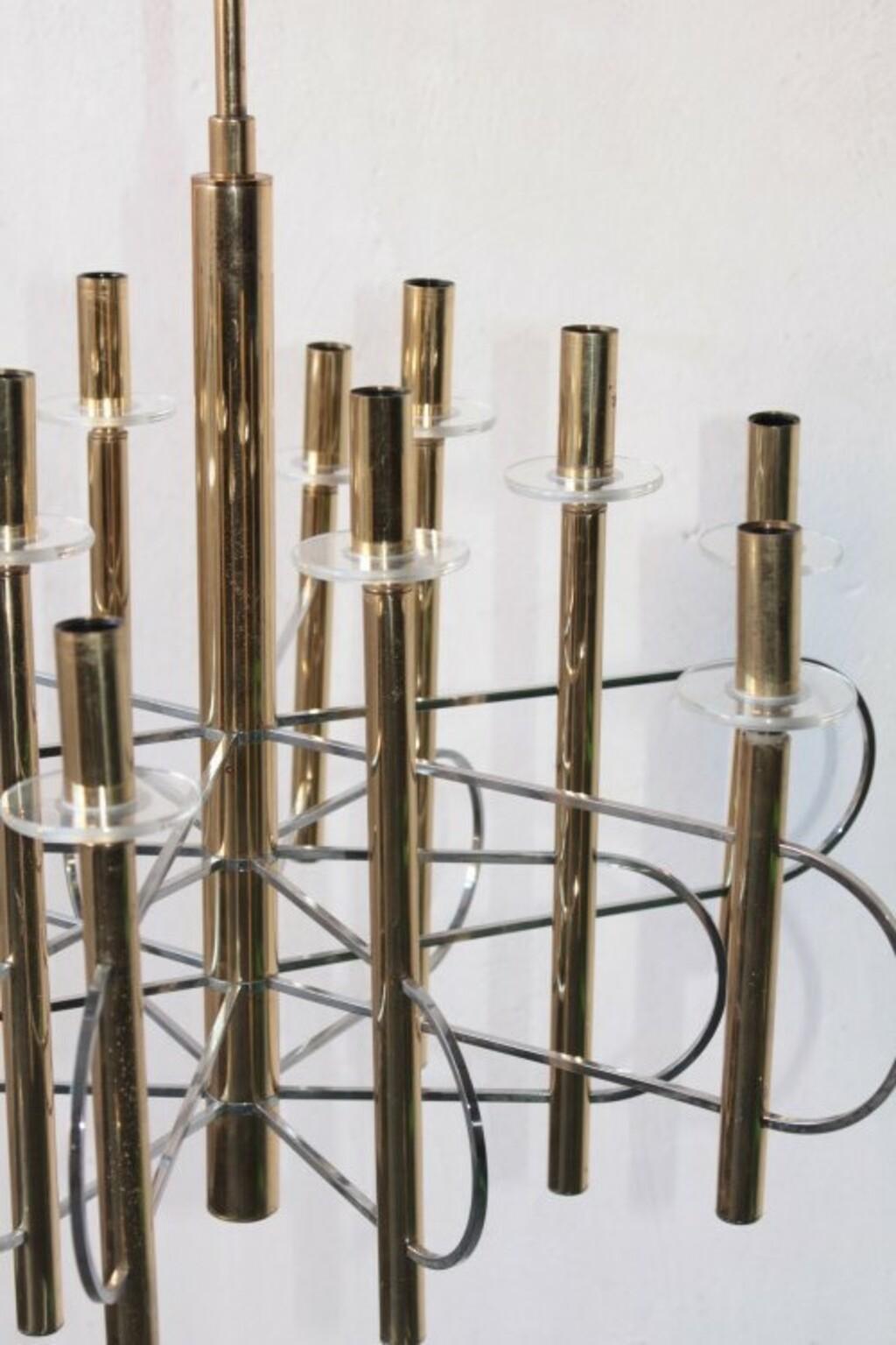 Chandelier gold brass design Gaetano Sciolari signed.