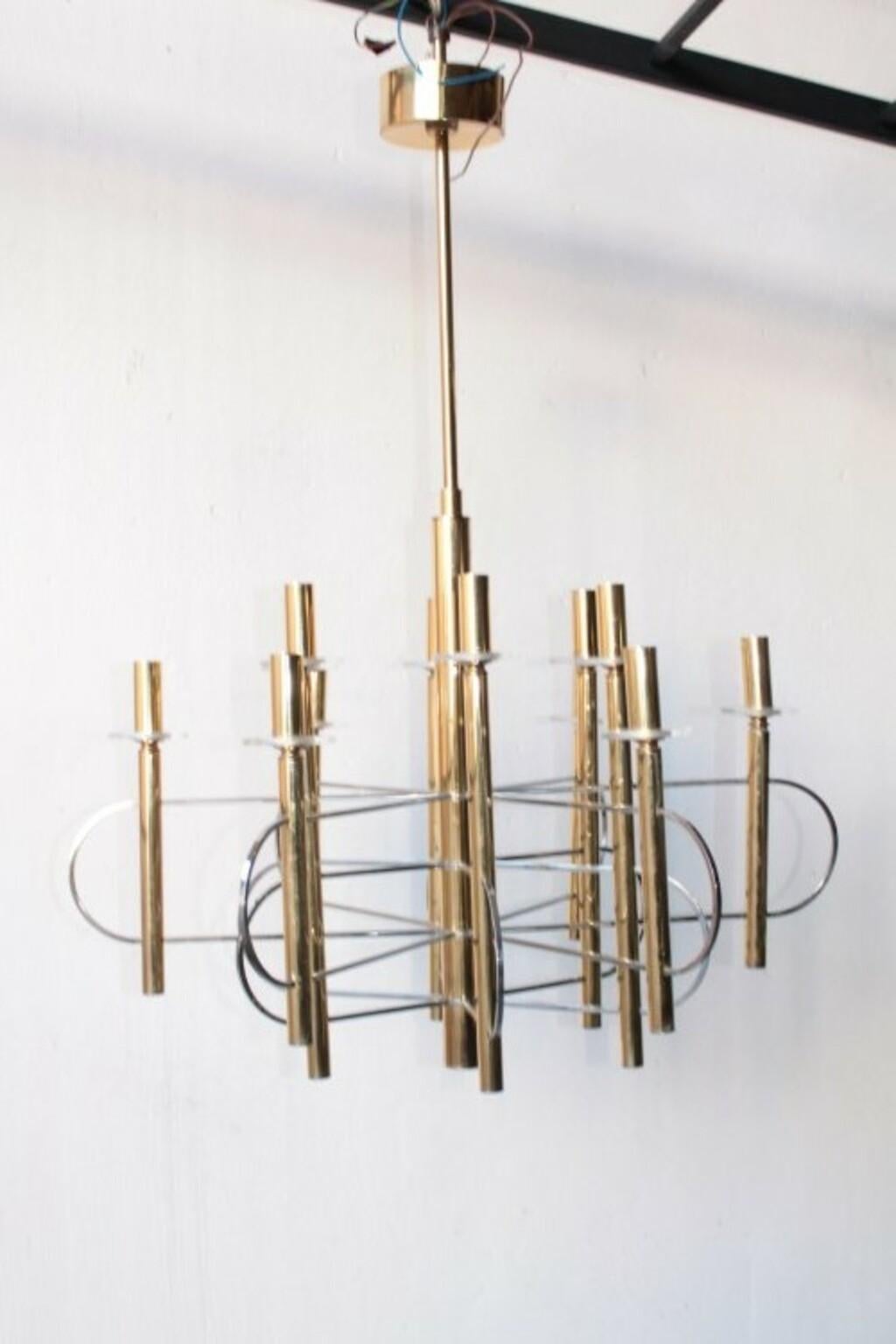 Italian Modernist Gold Chandelier 1960s by Gaetano Sciolari