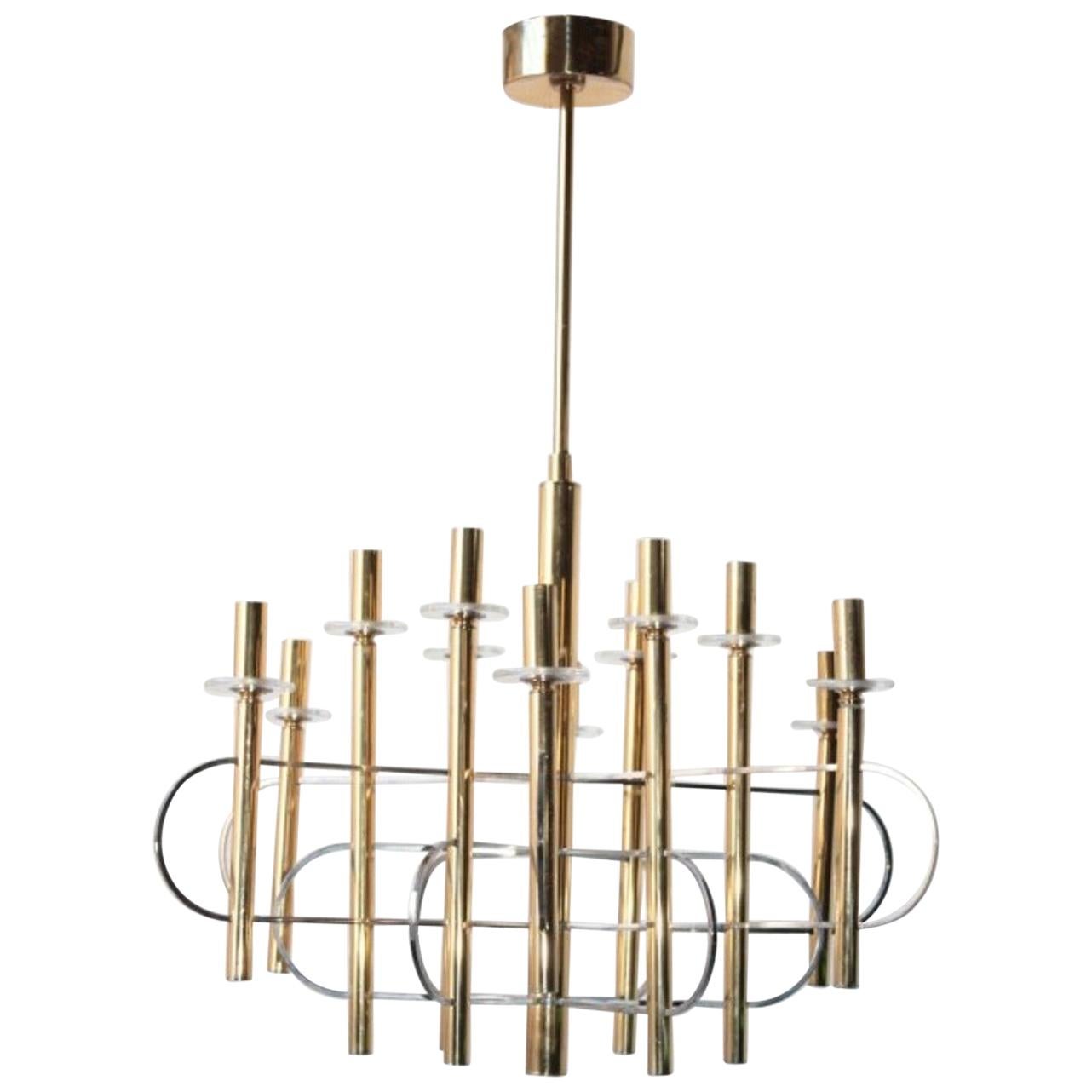 Modernist Gold Chandelier 1960s by Gaetano Sciolari