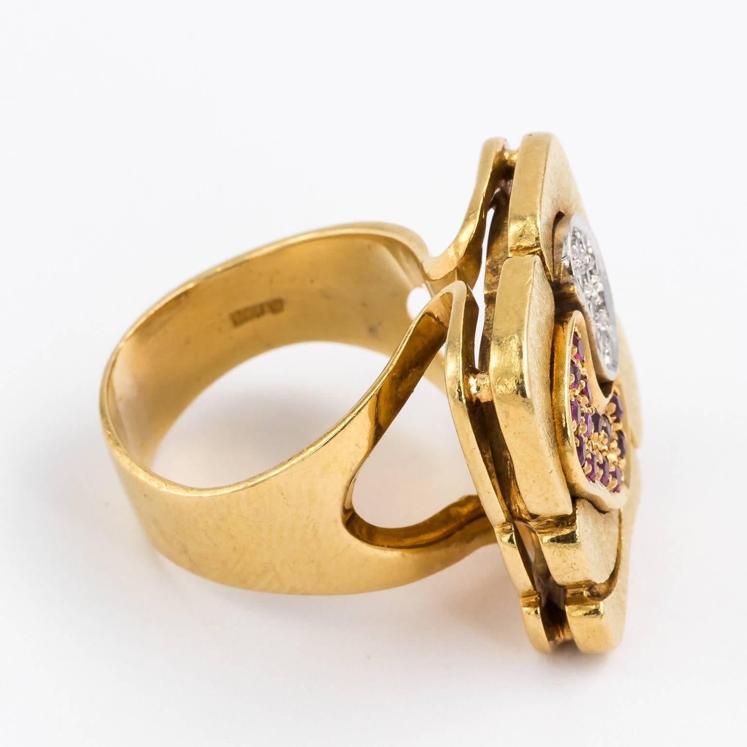 Modernist Gold Diamond and Ruby Cocktail Ring In Good Condition For Sale In St.amford, CT