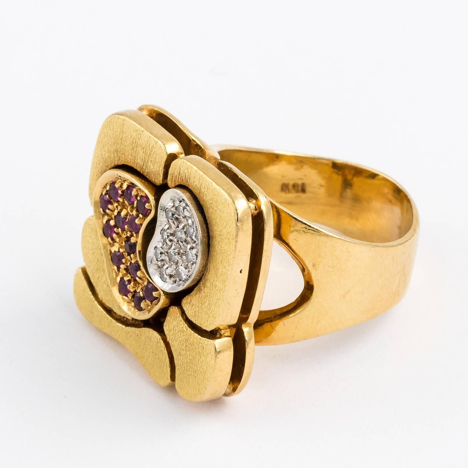 Modernist Gold Diamond and Ruby Cocktail Ring For Sale 2
