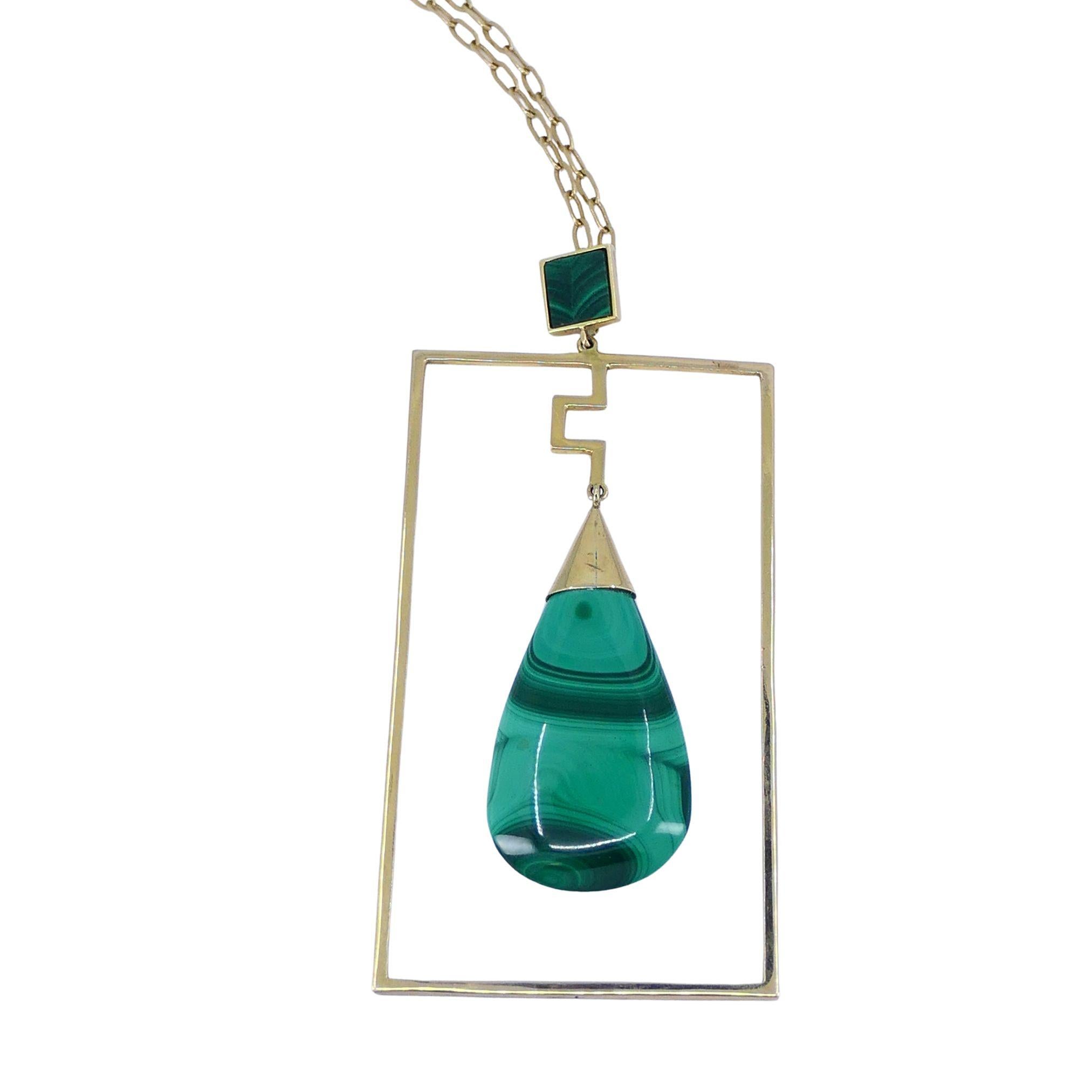 Cabochon Modernist Gold Malachite Pendant Chain Necklace For Sale