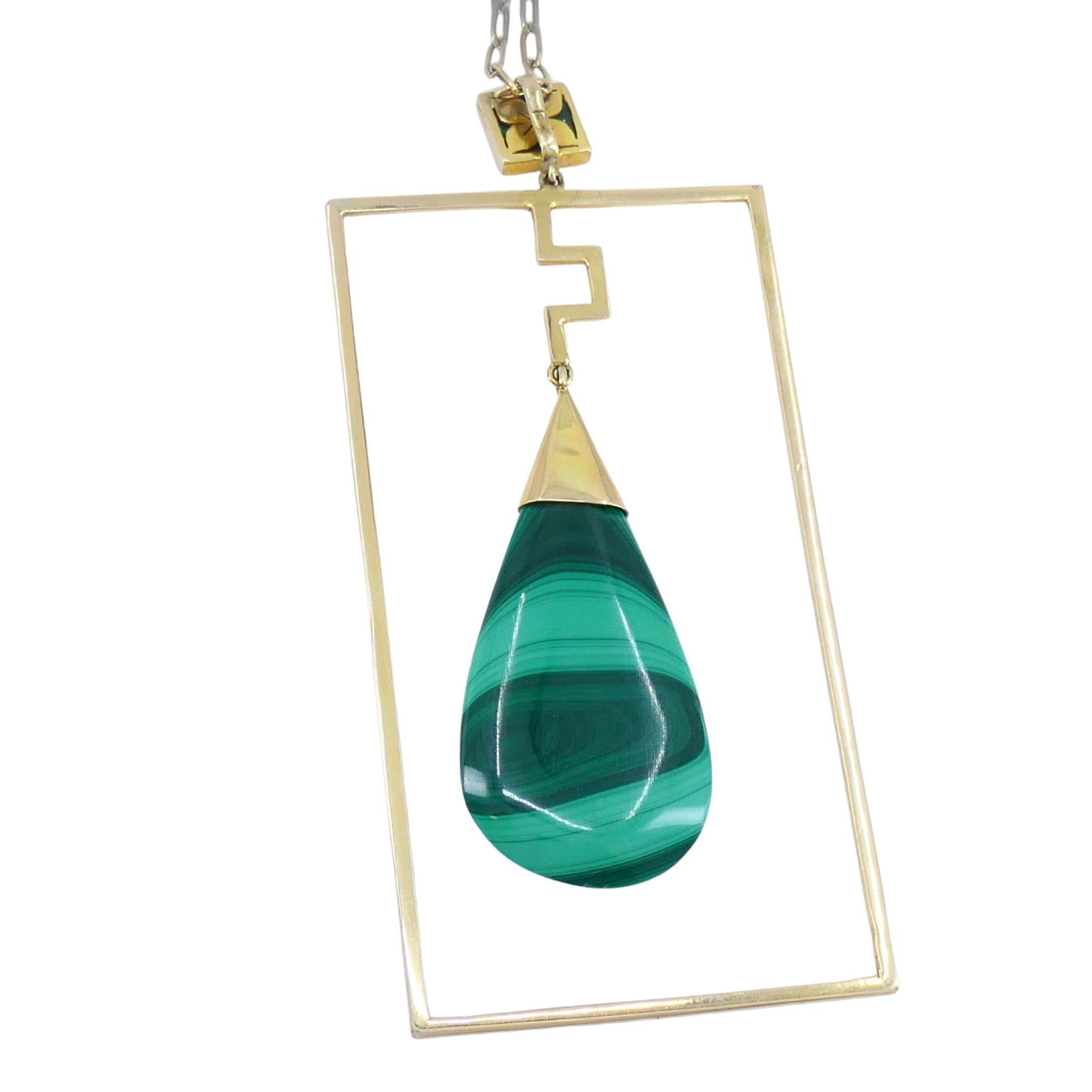 Modernist Gold Malachite Pendant Chain Necklace For Sale 2