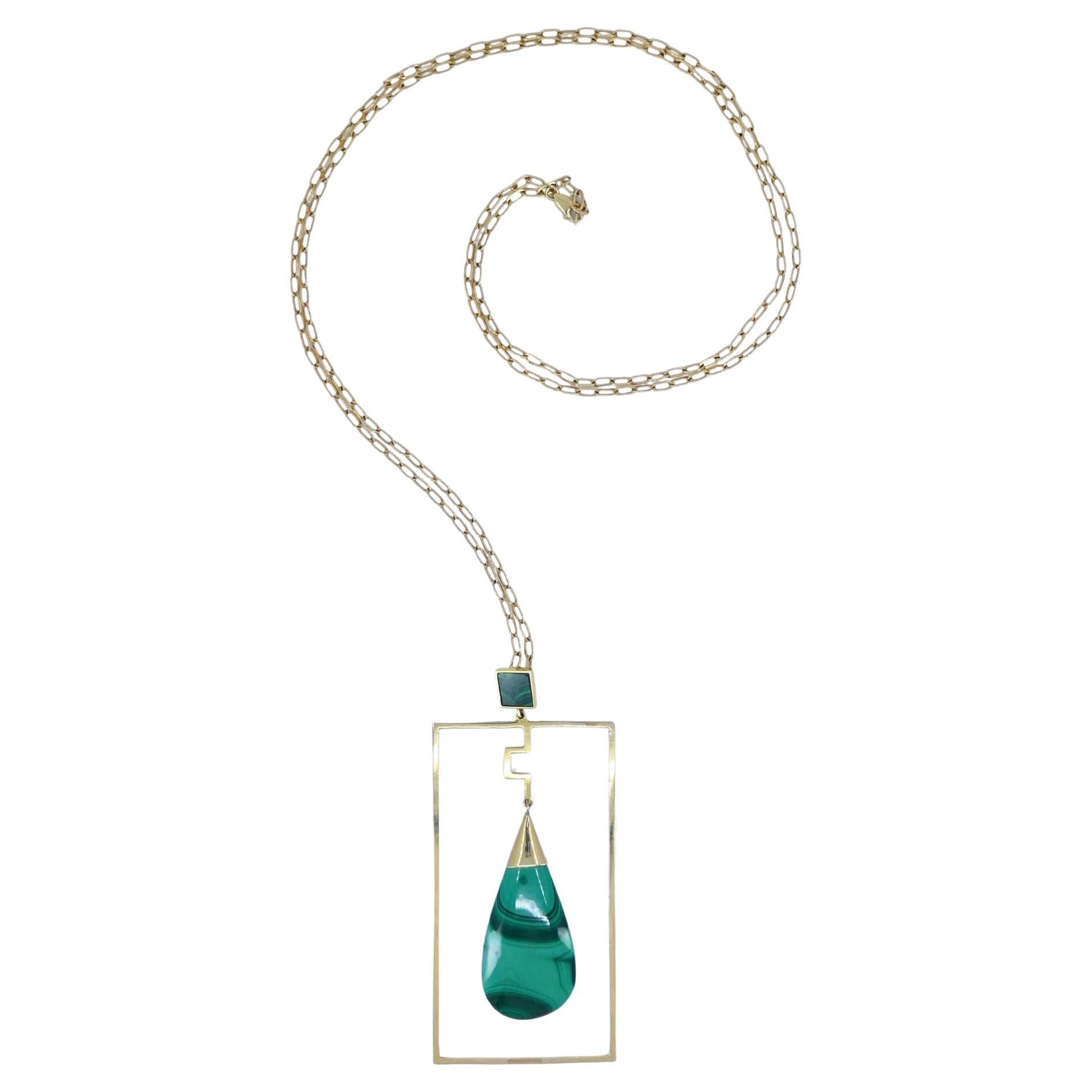 Modernist Gold Malachite Pendant Chain Necklace For Sale