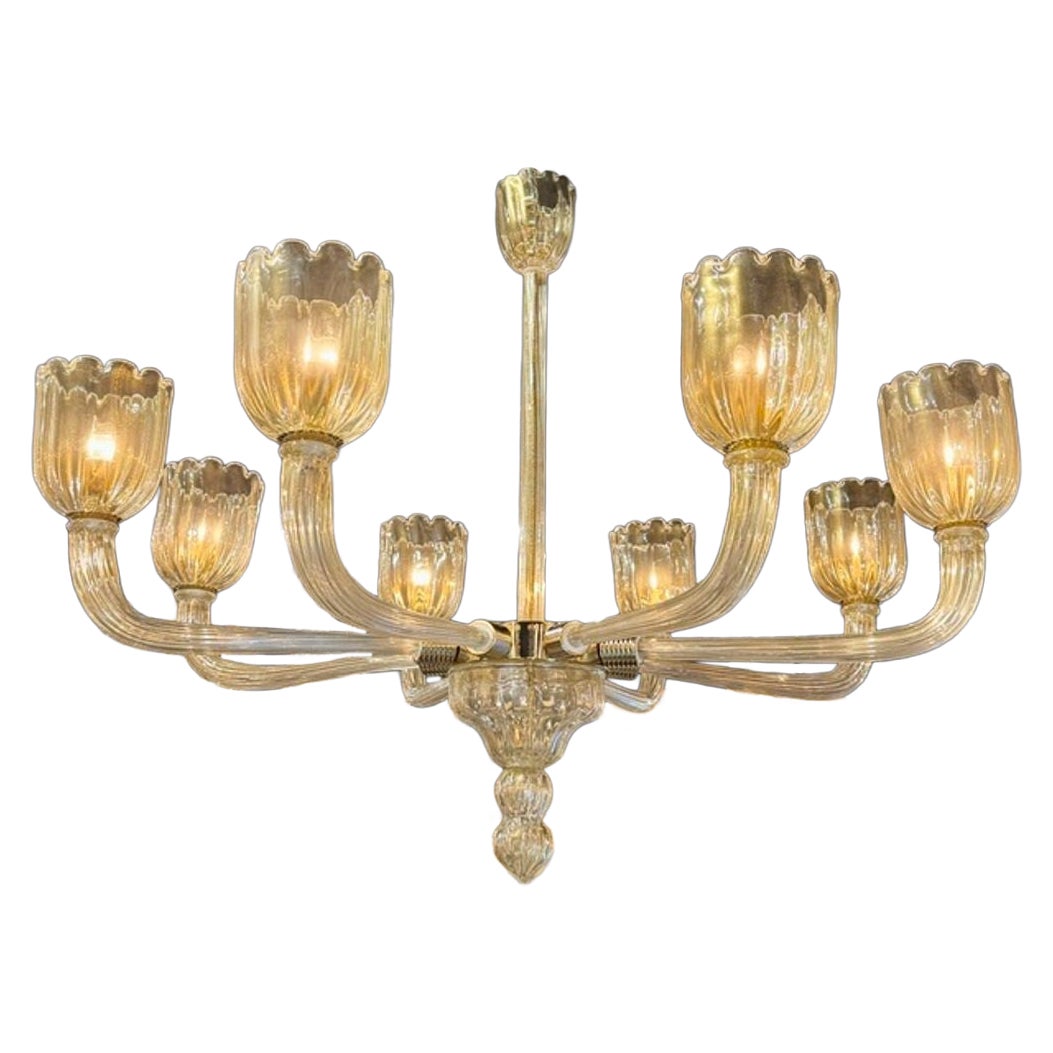 Lampadario modernista a 8 luci in ottone e vetro di Murano color oro
