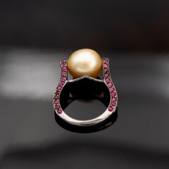 Italian Golden South Sea Pearl Ruby Diamond Blackened 18k Gold Cocktail Ring