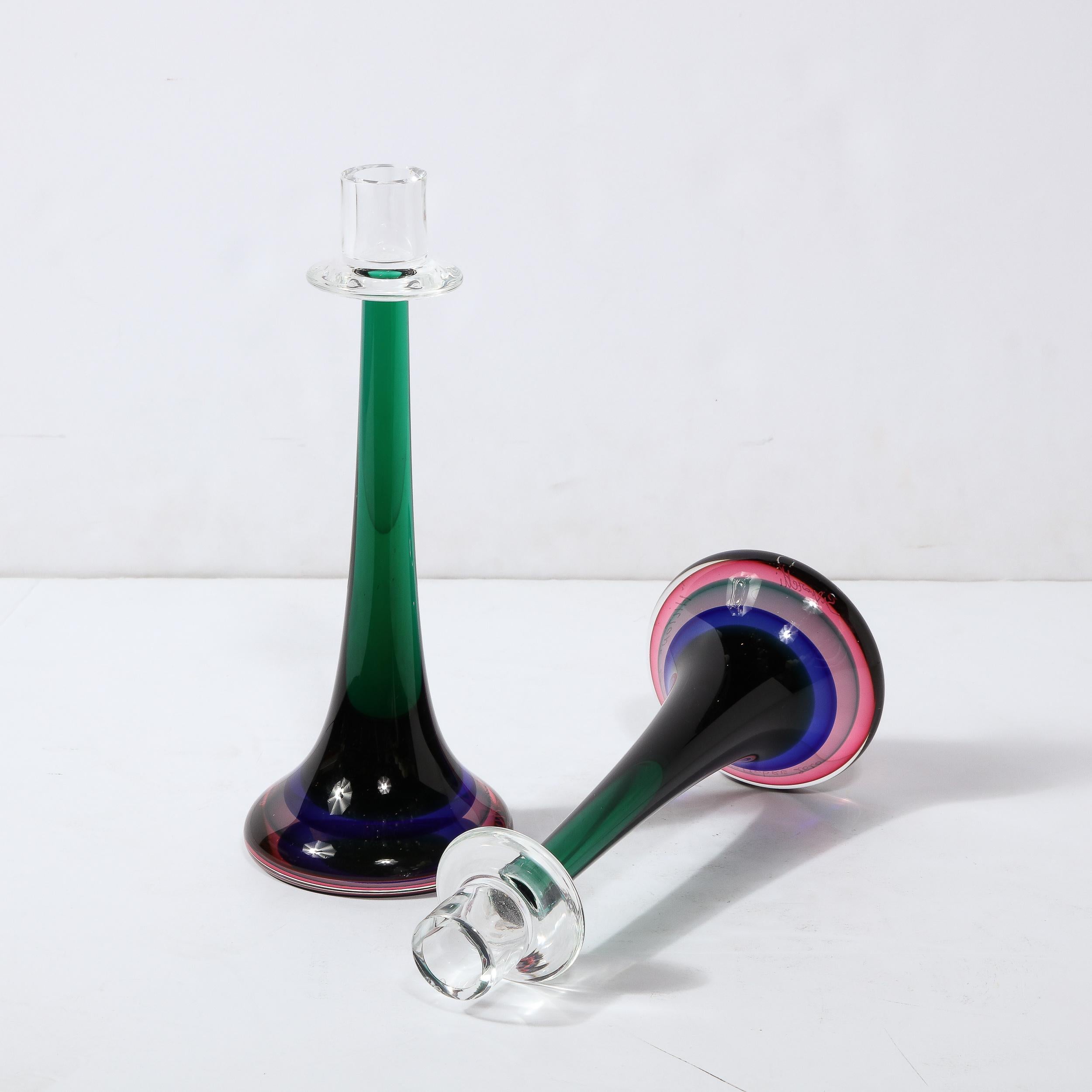 Modernist Gradient Emerald, Amethyst & Sapphire Murano Glass Candlestick Holders For Sale 6
