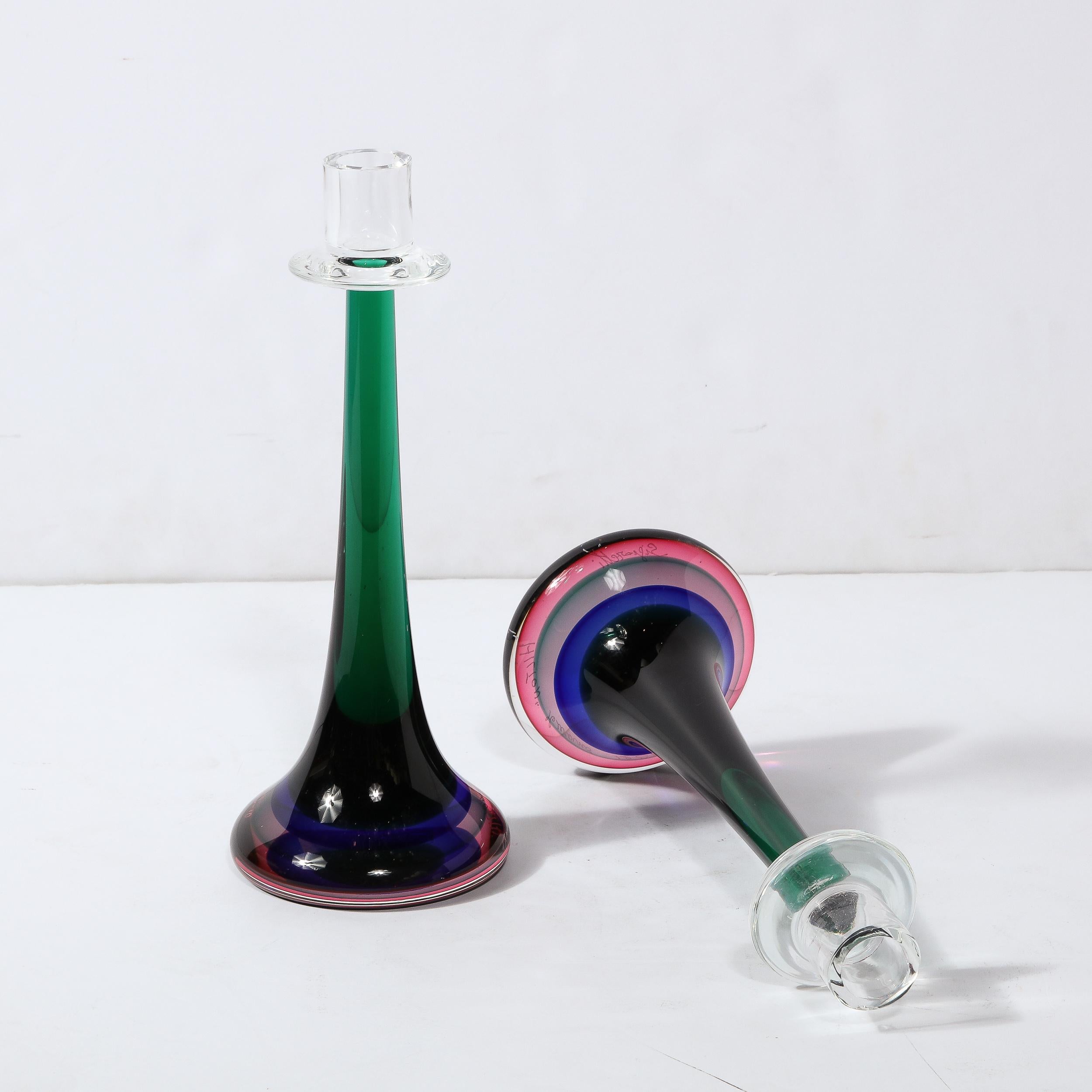 Modernist Gradient Emerald, Amethyst & Sapphire Murano Glass Candlestick Holders For Sale 7