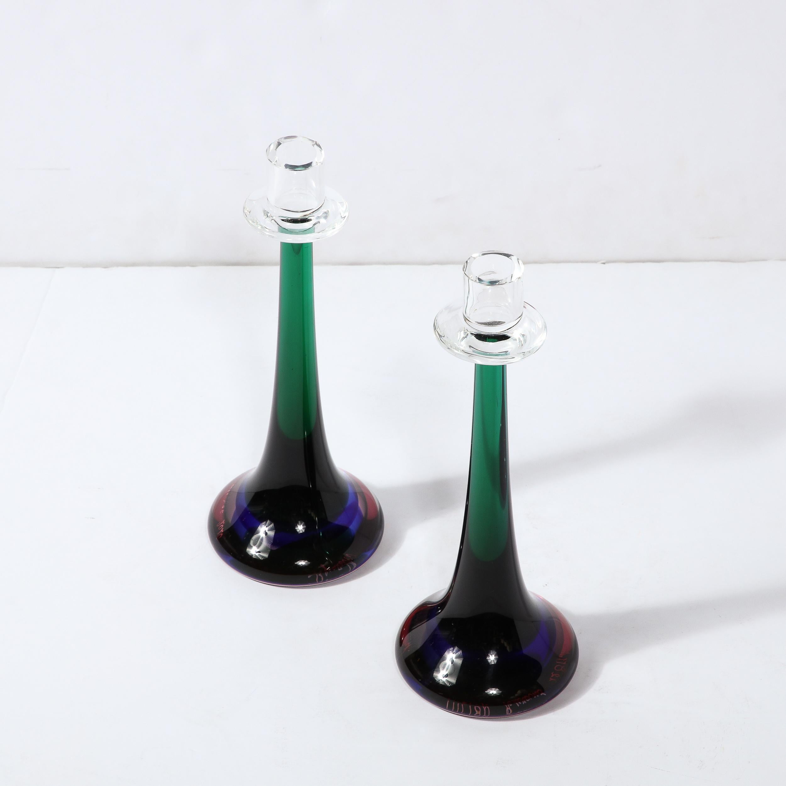 Modernist Gradient Emerald, Amethyst & Sapphire Murano Glass Candlestick Holders For Sale 9