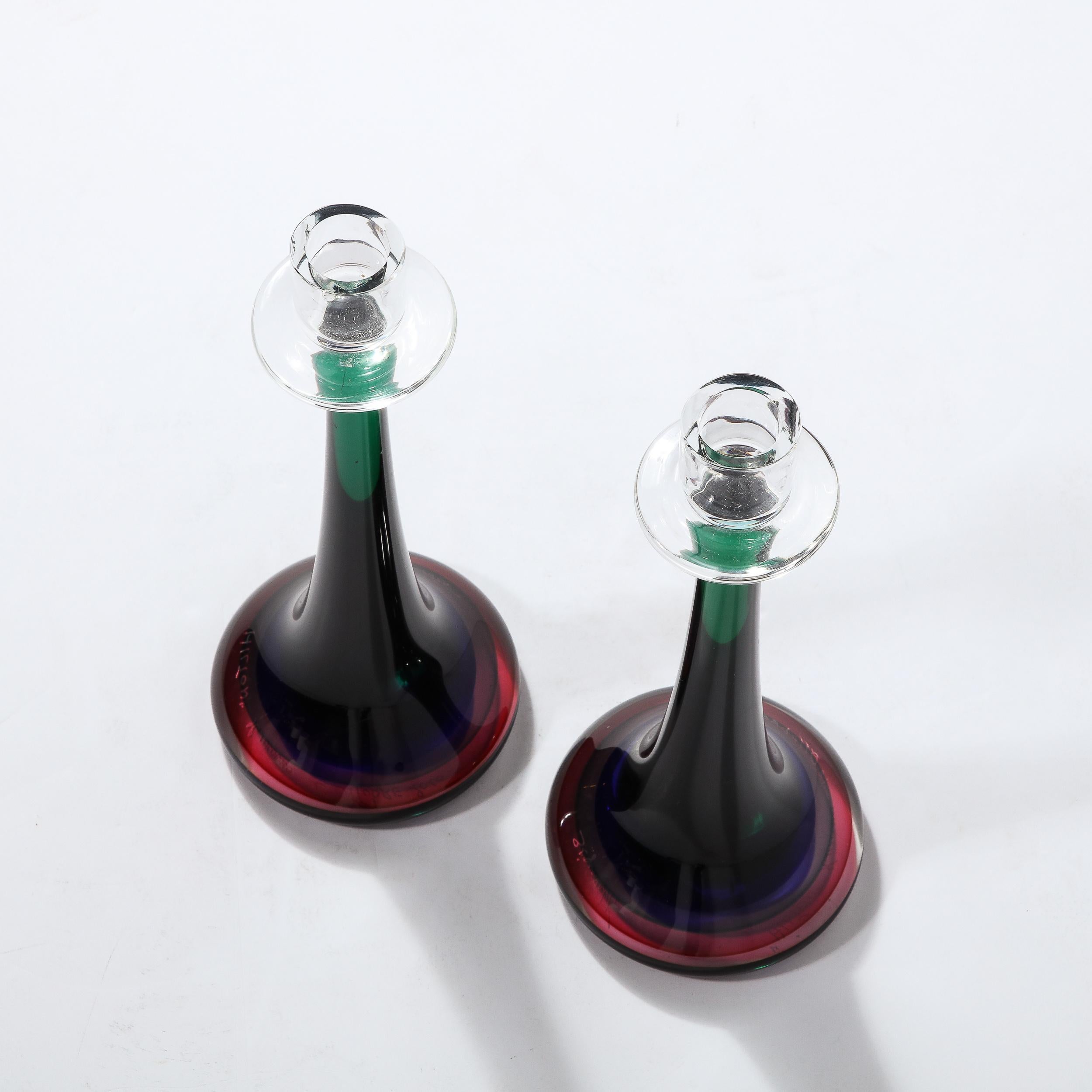 Modernist Gradient Emerald, Amethyst & Sapphire Murano Glass Candlestick Holders For Sale 11