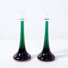 Modernist Gradient Emerald, Amethyst & Sapphire Murano Glass Candlestick Holders