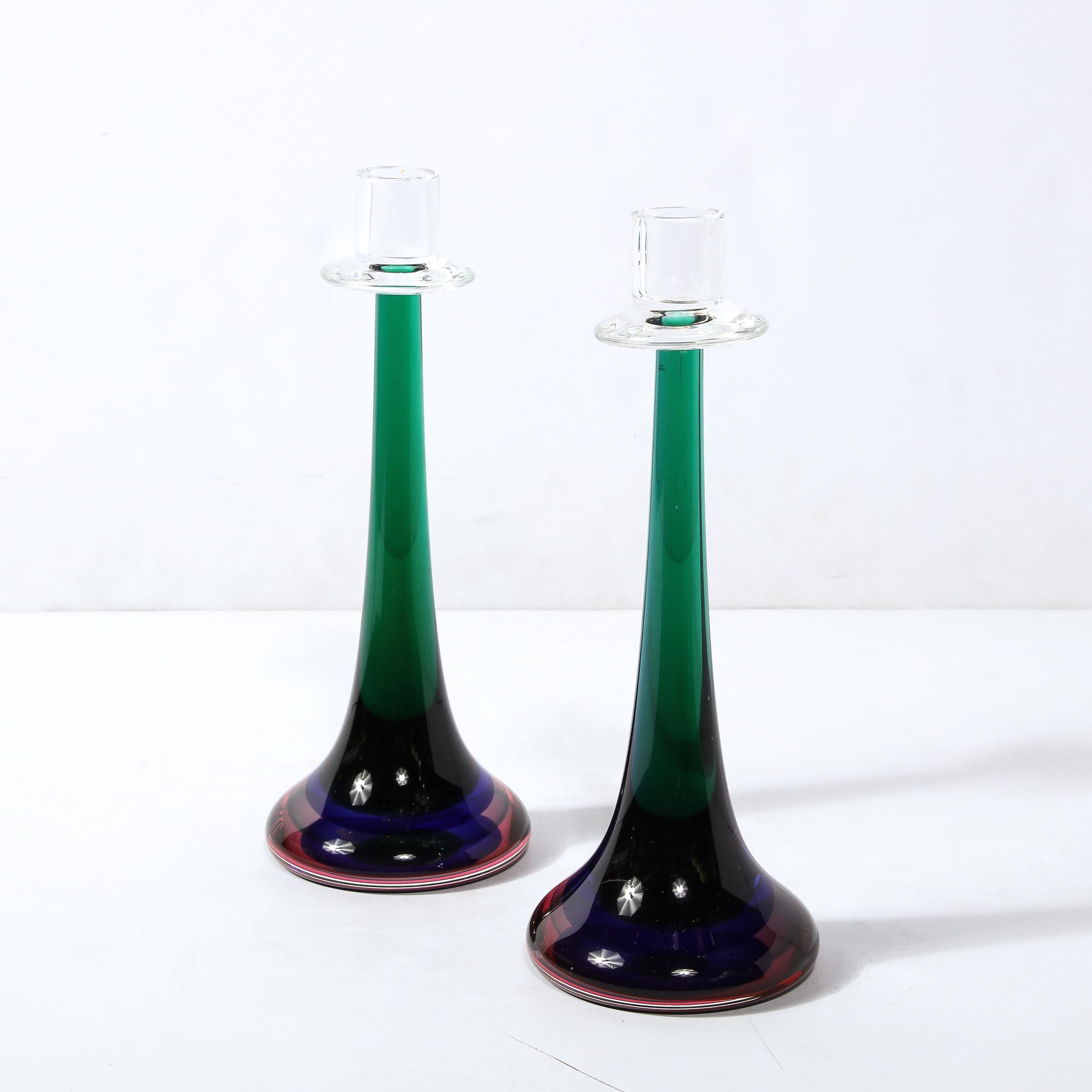 Italian Modernist Gradient Emerald, Amethyst & Sapphire Murano Glass Candlestick Holders For Sale