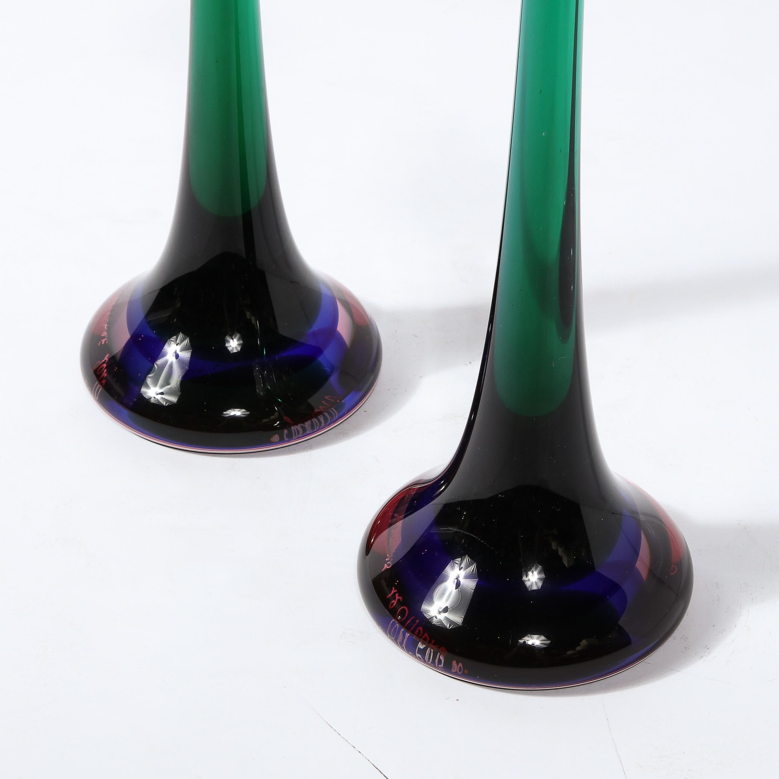 Modernist Gradient Emerald, Amethyst & Sapphire Murano Glass Candlestick Holders In Excellent Condition For Sale In New York, NY