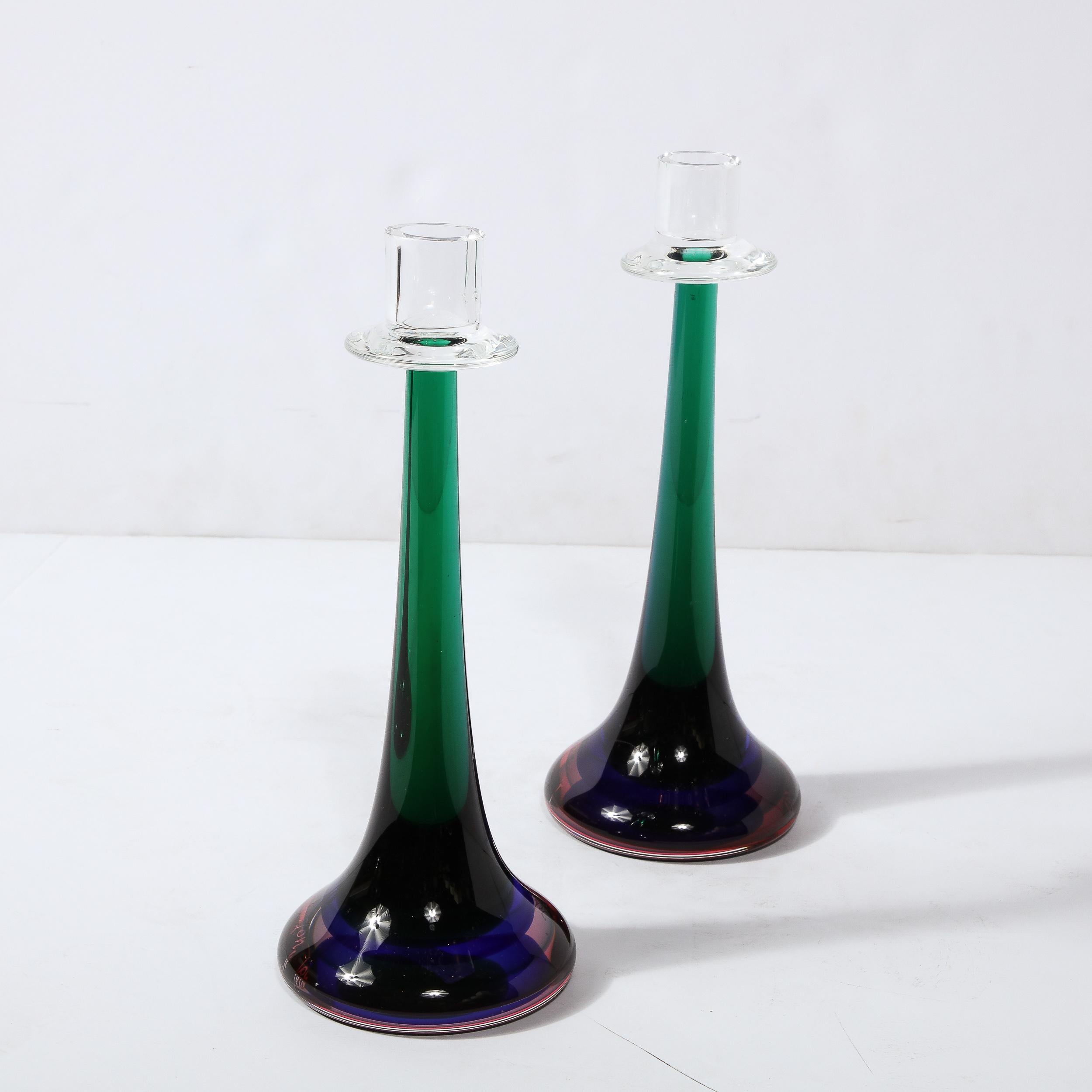Modernist Gradient Emerald, Amethyst & Sapphire Murano Glass Candlestick Holders For Sale 1