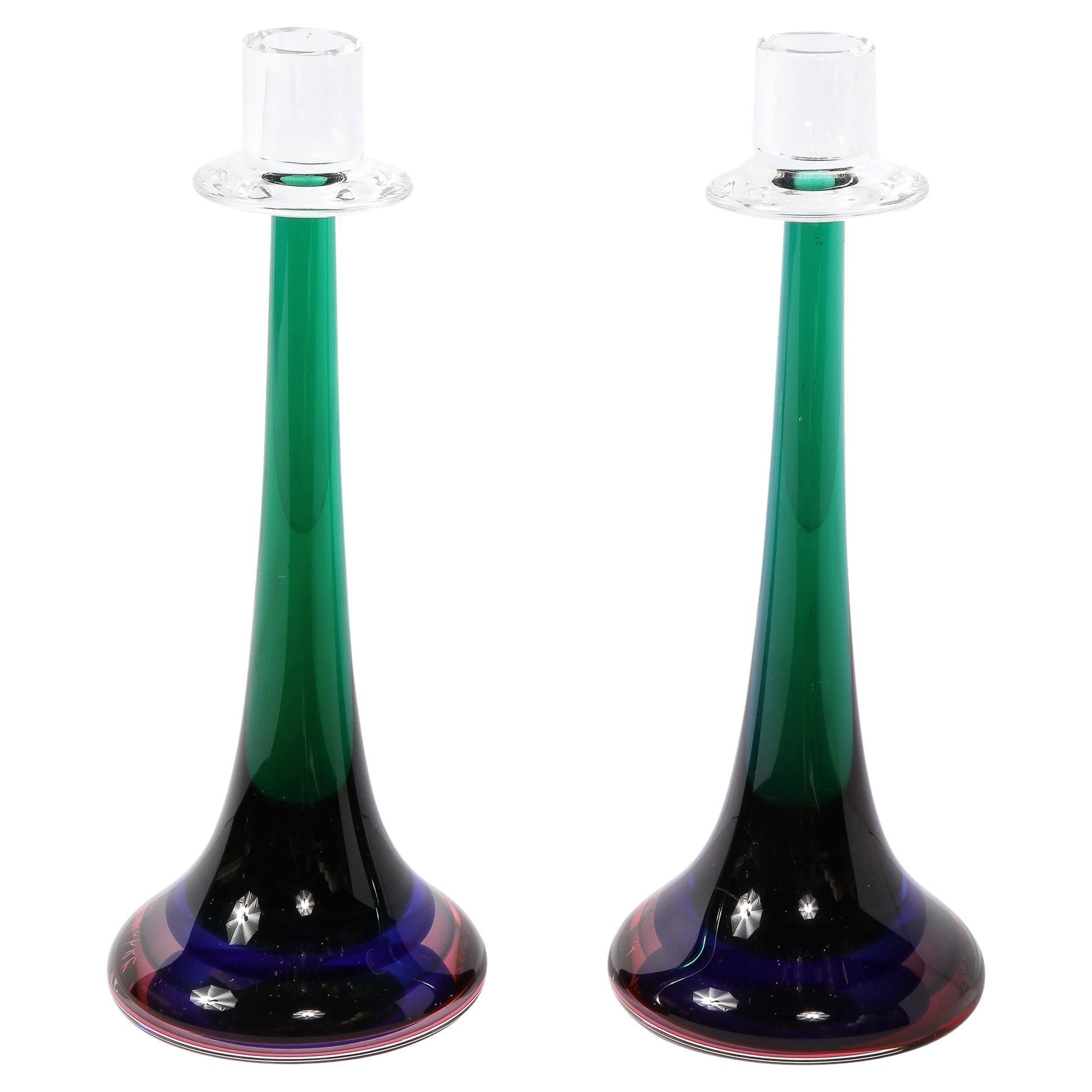Modernist Gradient Emerald, Amethyst & Sapphire Murano Glass Candlestick Holders For Sale
