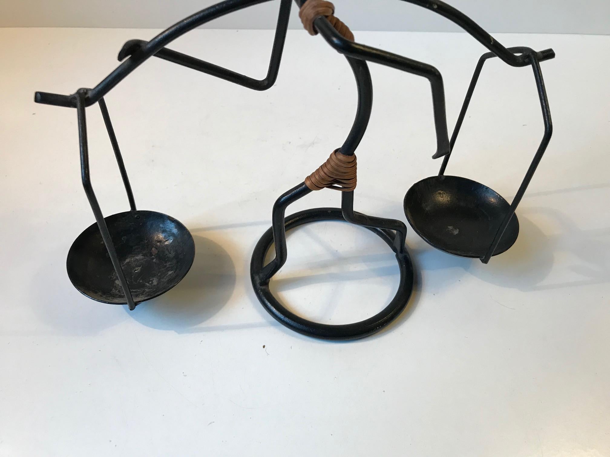 Danish Modernist Graphic String Iron and Rattan Candleholder by Laurids Lønborg, 1960s