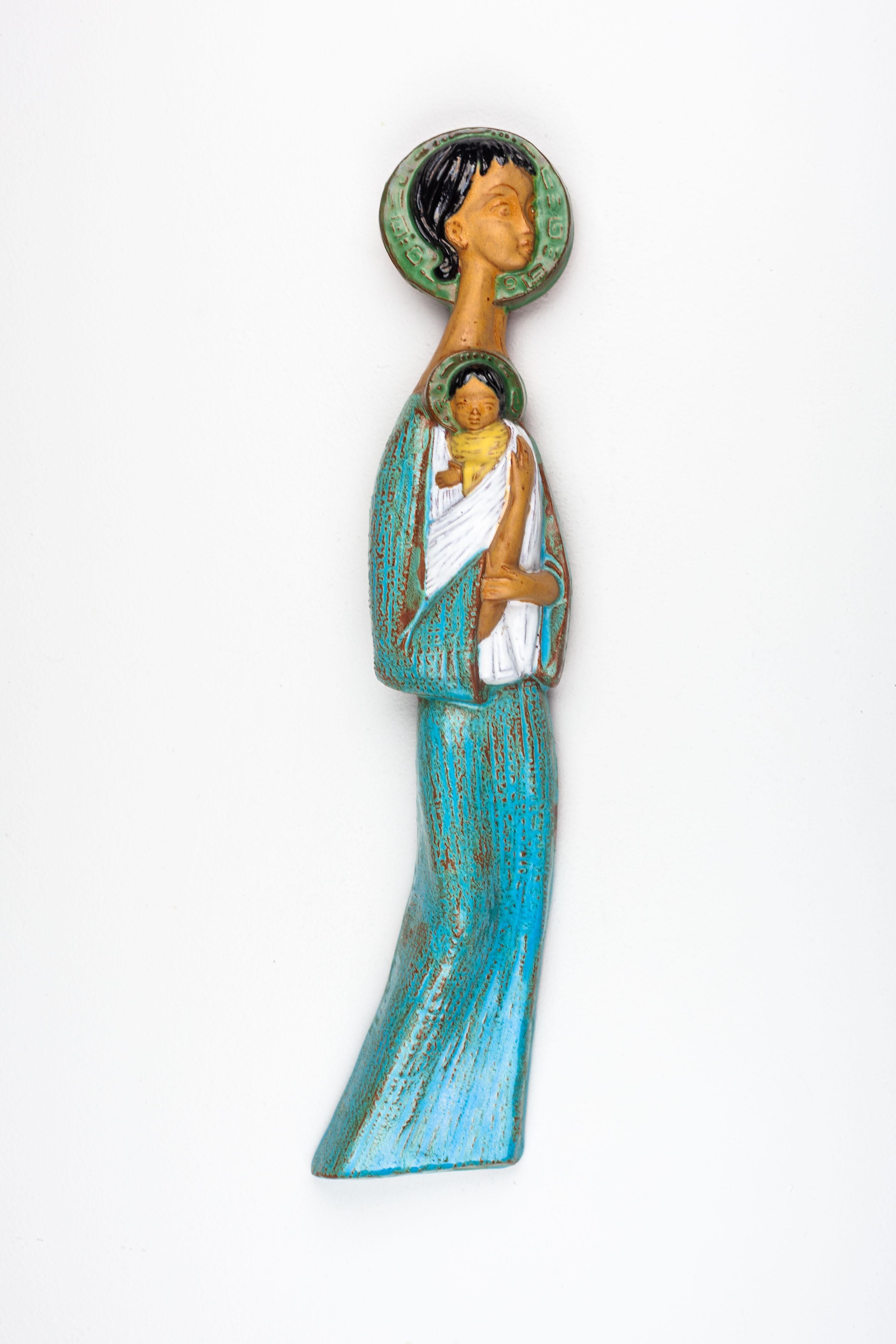 Modernist Greek Virgin Mary and Child Jesus Ceramic Wall Decoration For Sale 8