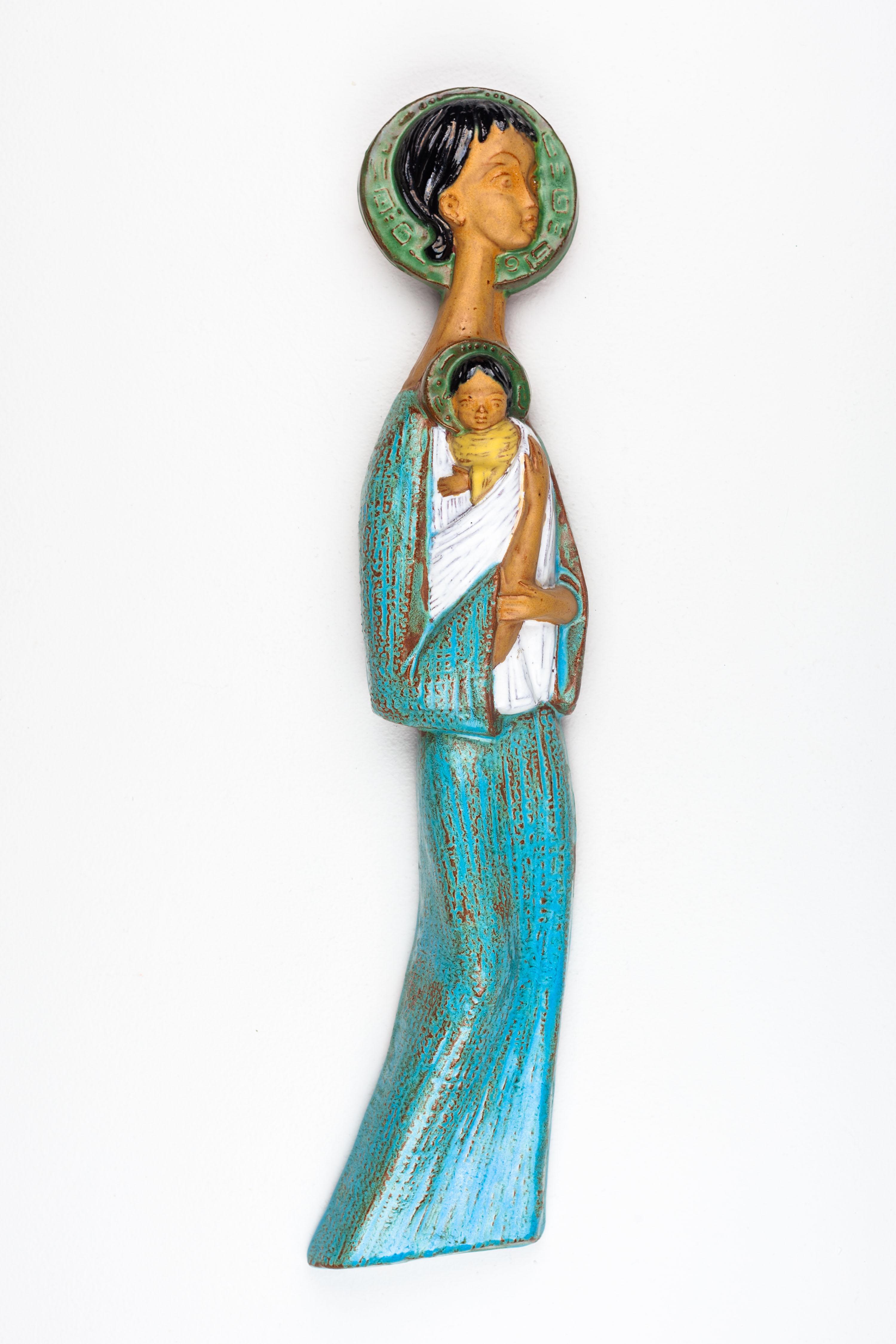 Mid-20th Century Modernist Greek Virgin Mary and Child Jesus Ceramic Wall Decoration For Sale
