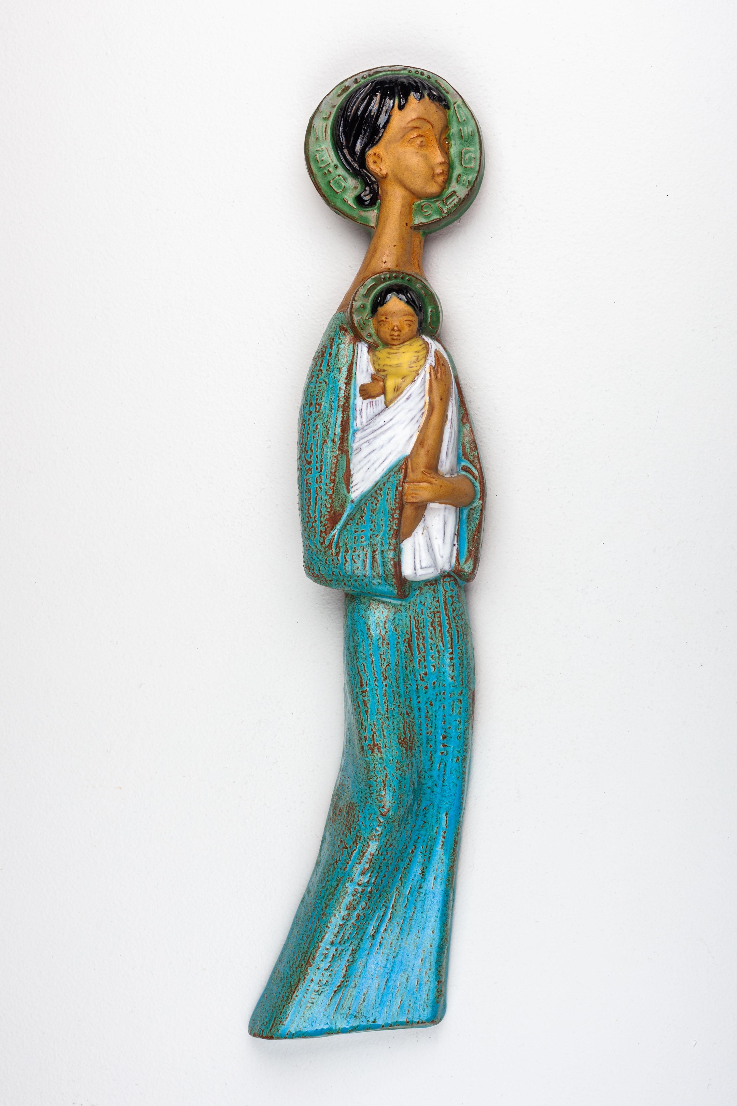 Modernist Greek Virgin Mary and Child Jesus Ceramic Wall Decoration For Sale 3