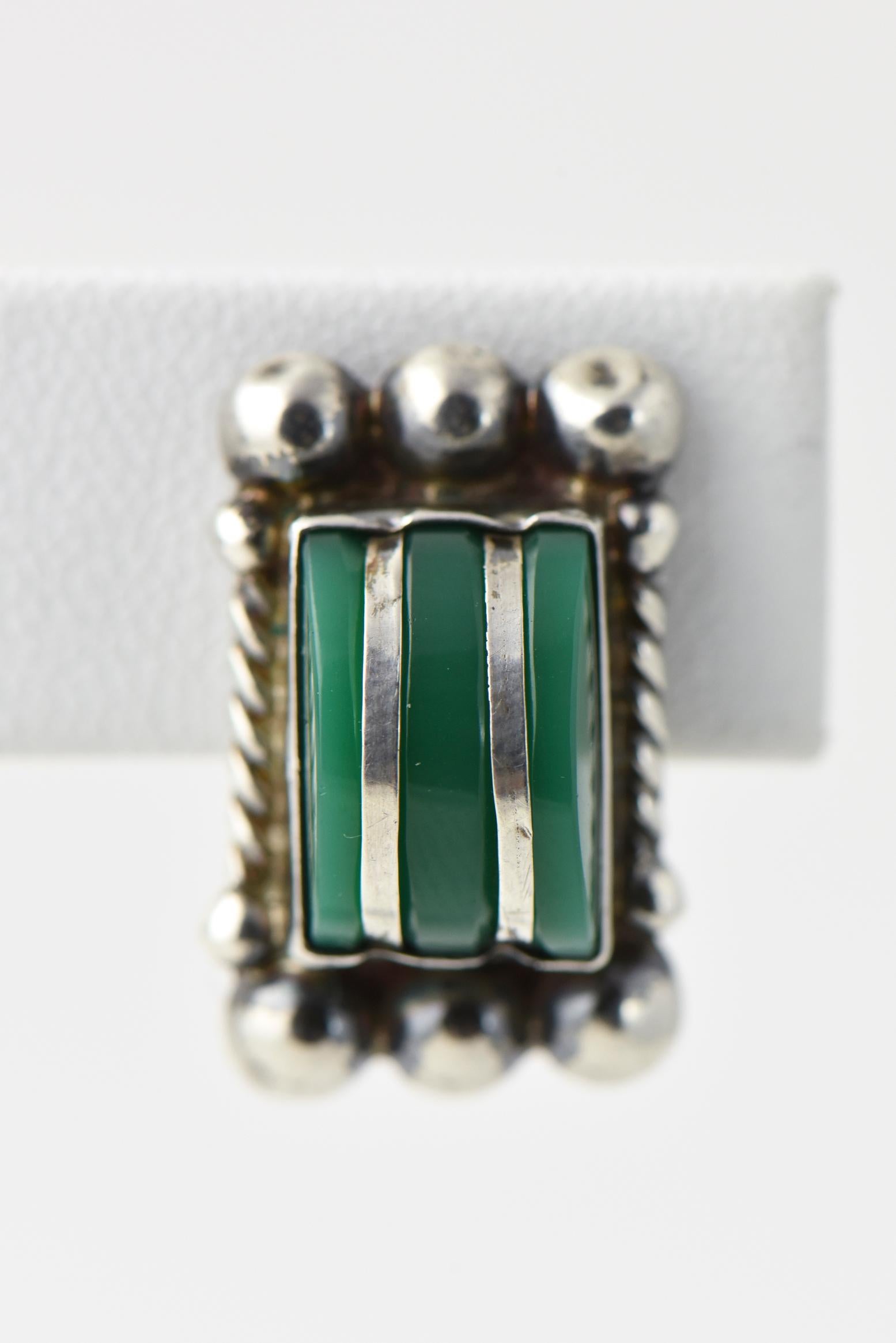 Mixed Cut Modernist Green Onyx Sterling Silver Earrings