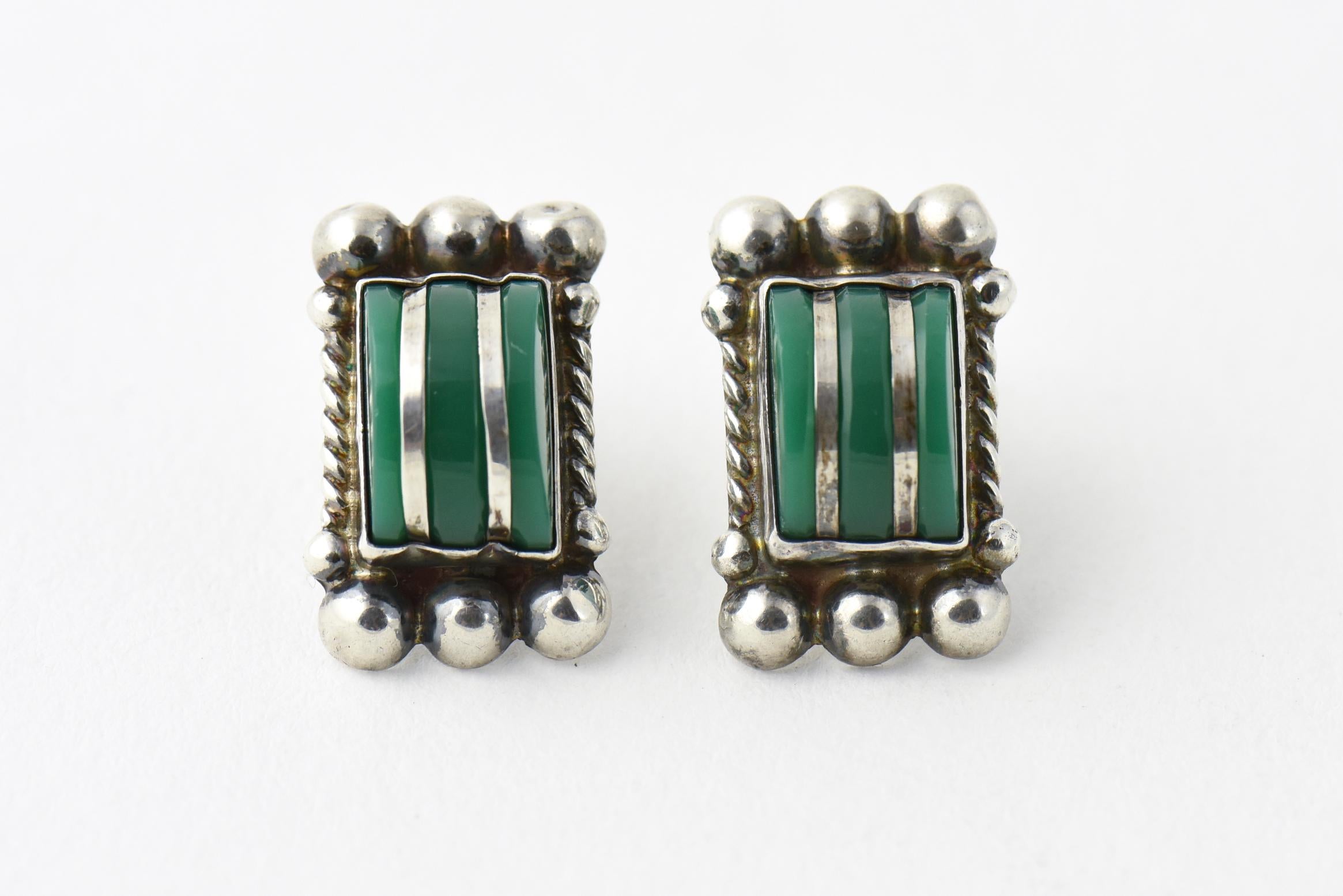 Women's Modernist Green Onyx Sterling Silver Earrings