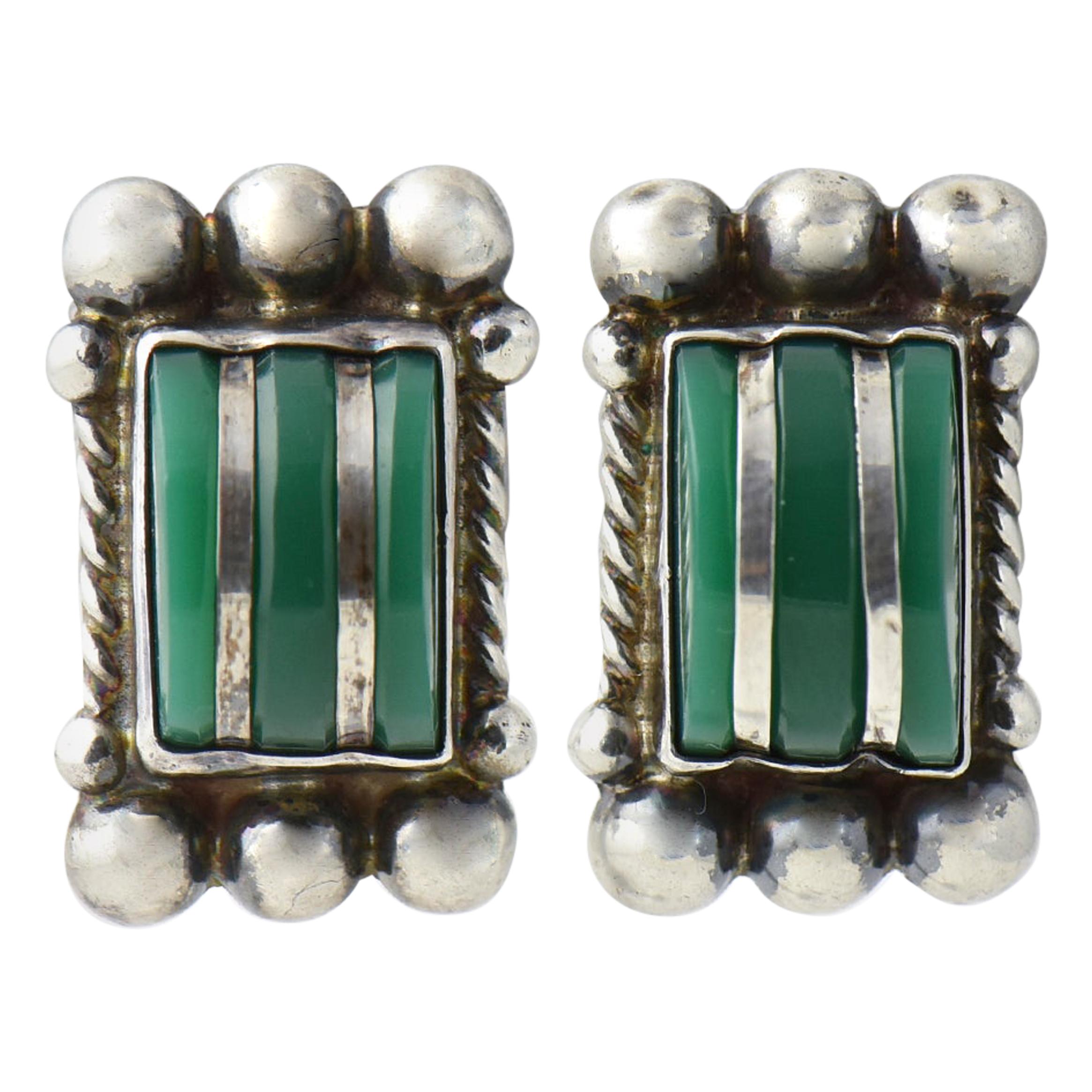 Modernist Green Onyx Sterling Silver Earrings