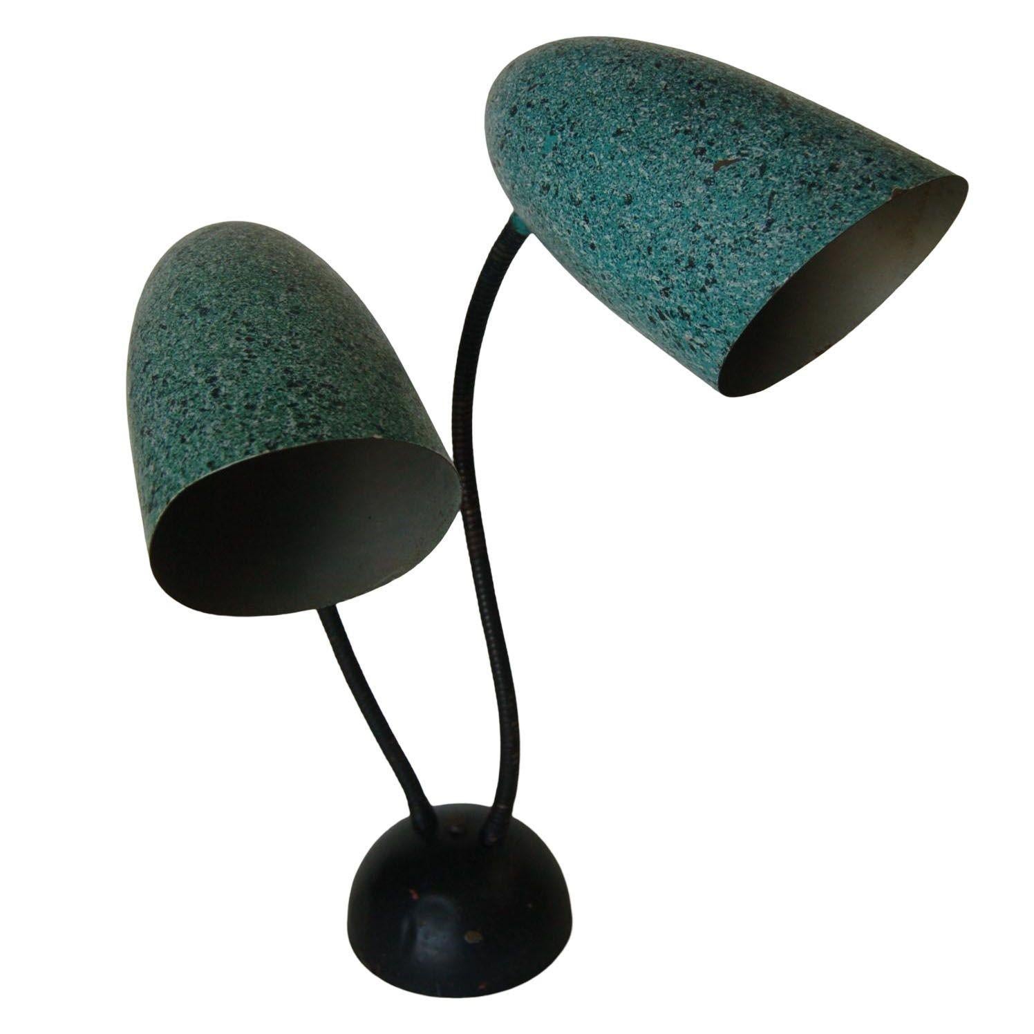 Green and black speckle metal cone double gooseneck adjustable flex arm desk table lamp with black metal base. Great for home or office, Cones measure 10