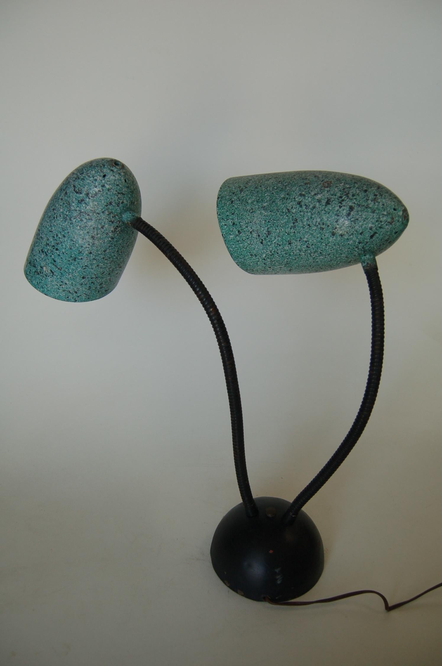 Enameled Modernist Green Speckle Double Gooseneck Desk Table Lamp For Sale