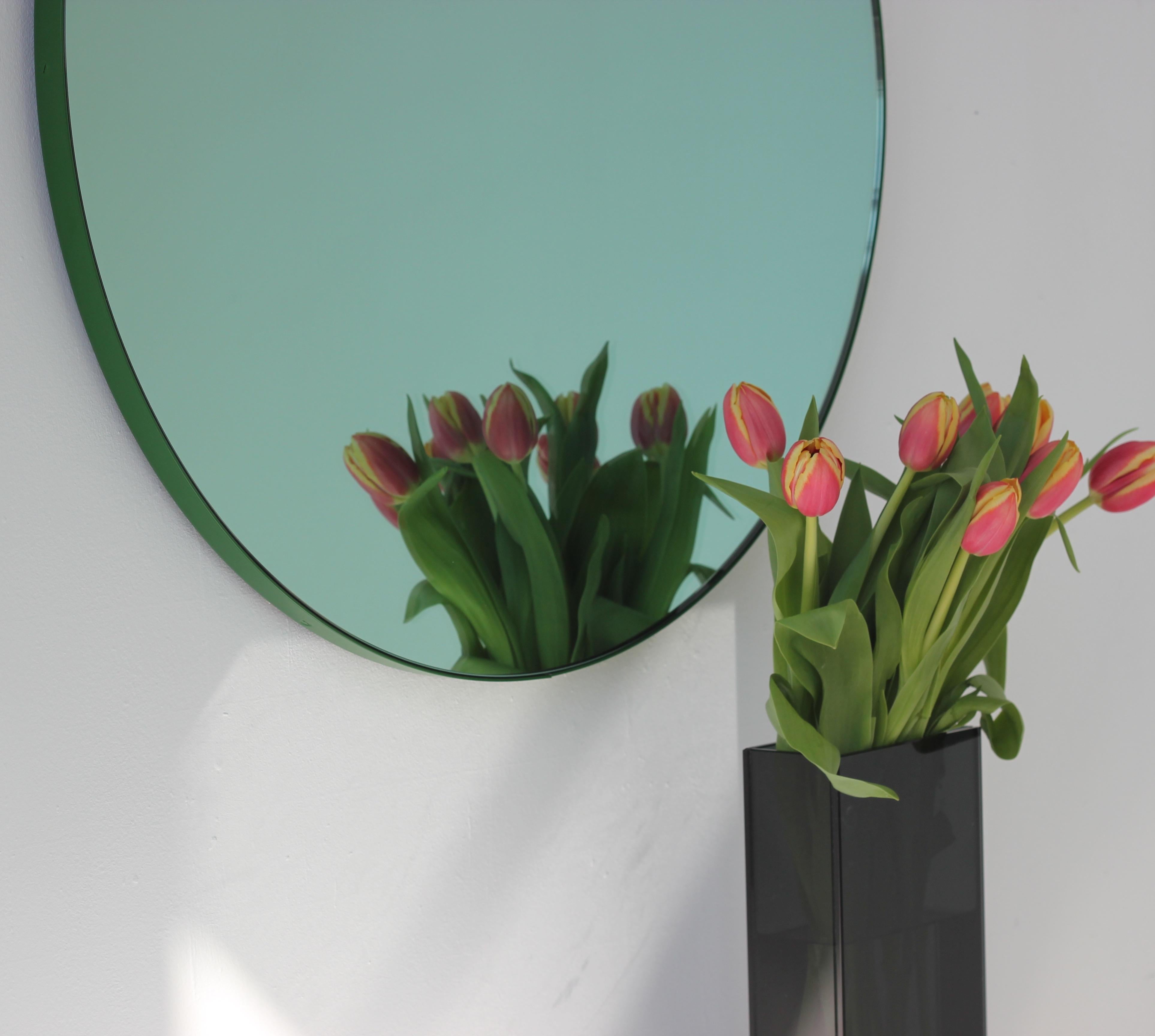 Powder-Coated Orbis Green Tinted Modern Round Mirror with Green Frame - Medium