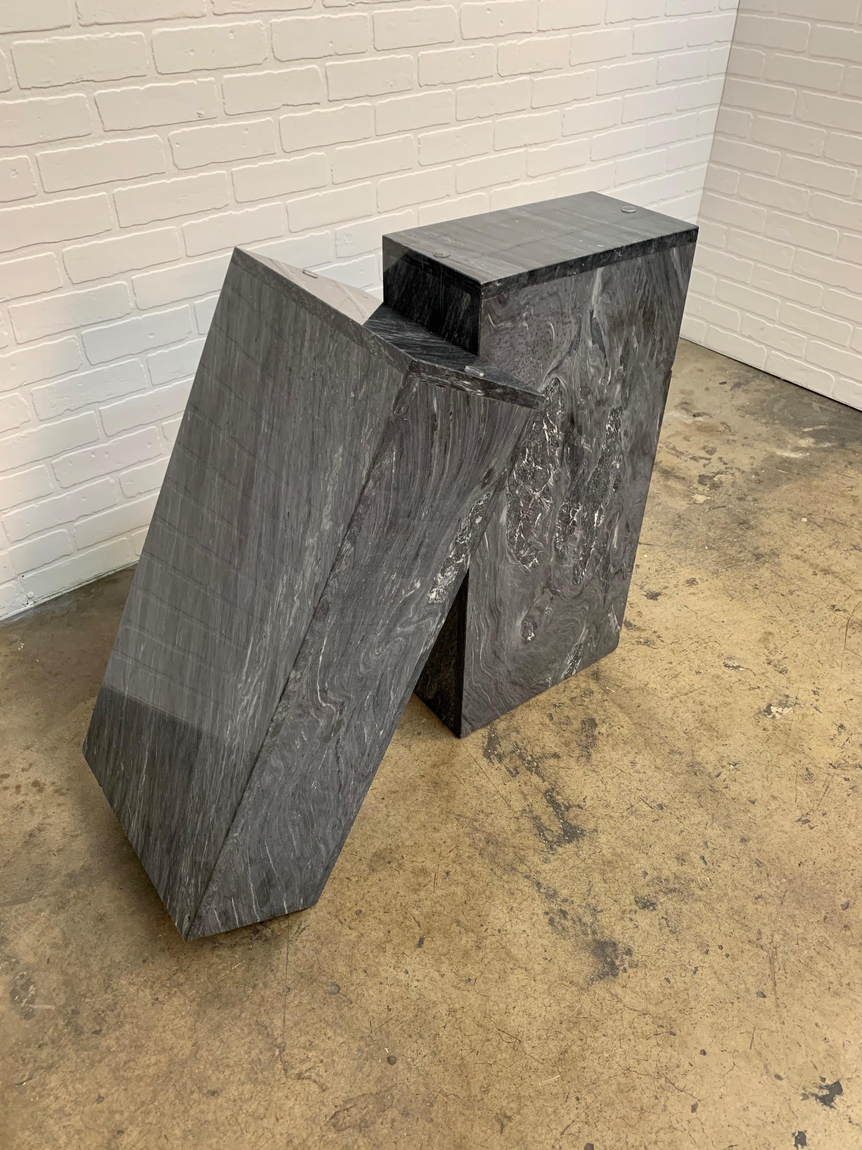 Two Postmodern rectangular marble grey pedestals with beveled glass top. To be used as a desk or a dining table.