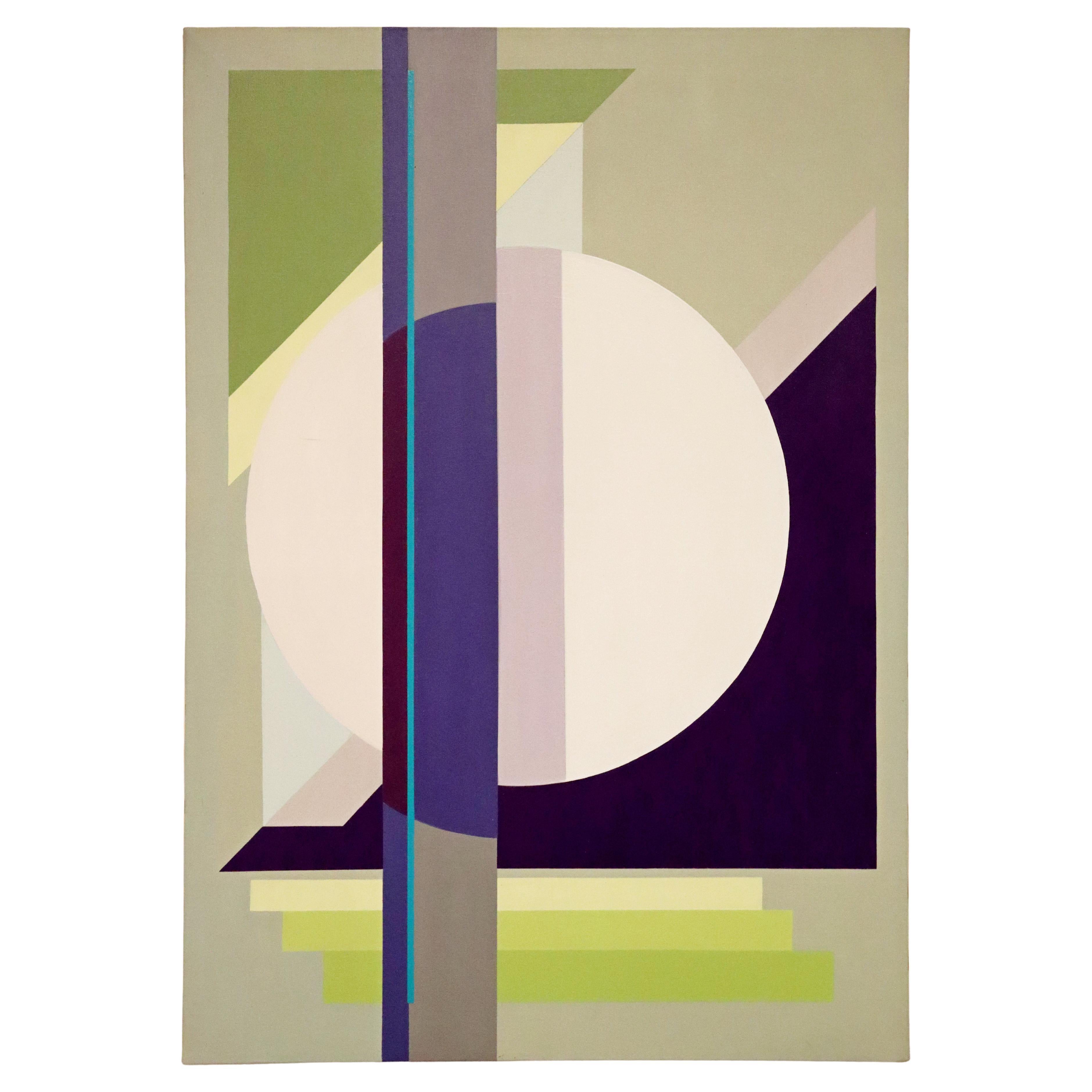 Peinture acrylique sur toile moderniste signée Gunda Hass, vert, violet et gris, années 2010