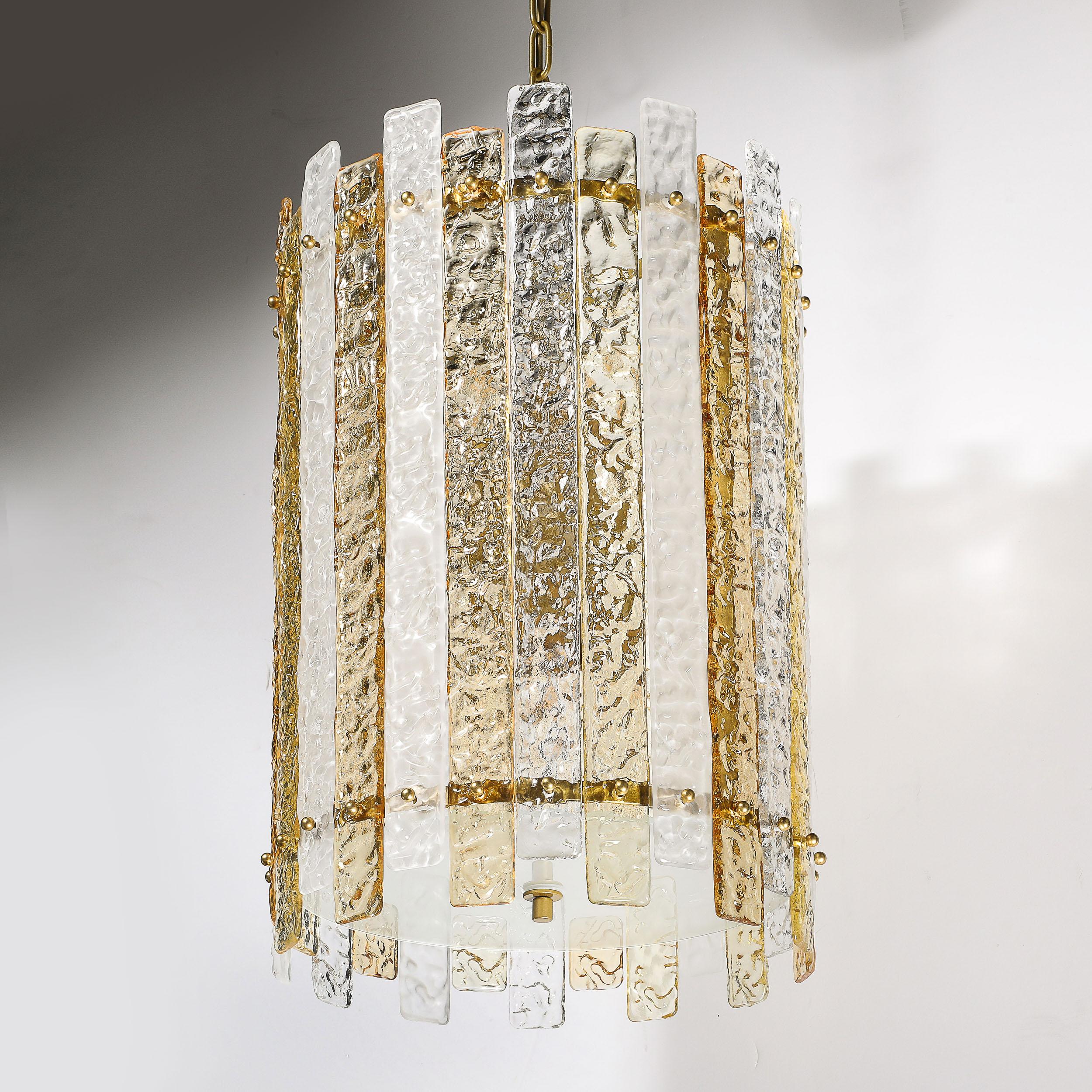 Lustre cylindrique moderne à panneaux en verre de Murano clair et ambre soufflé à la bouche en vente 3