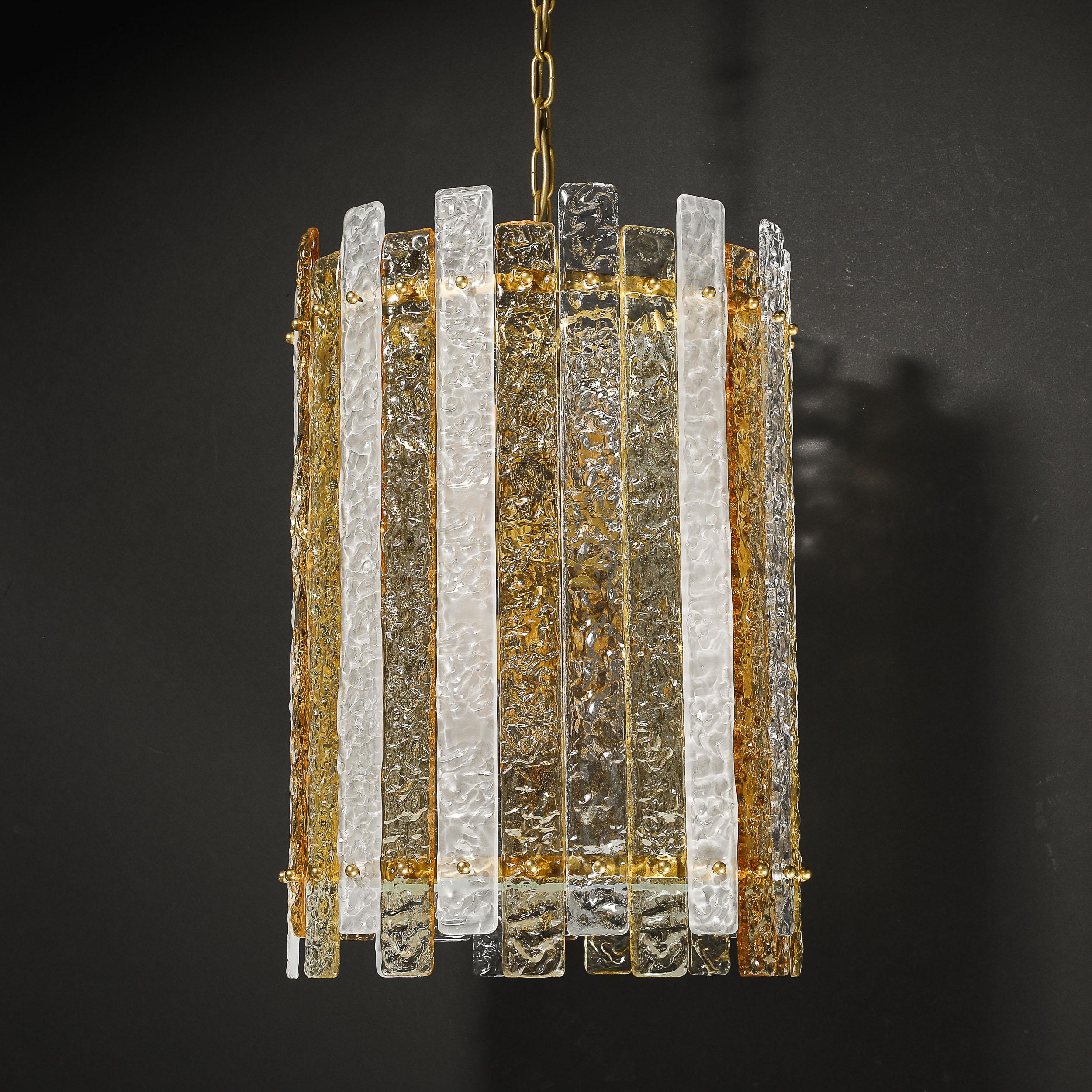 Lustre cylindrique moderne à panneaux en verre de Murano clair et ambre soufflé à la bouche en vente 6