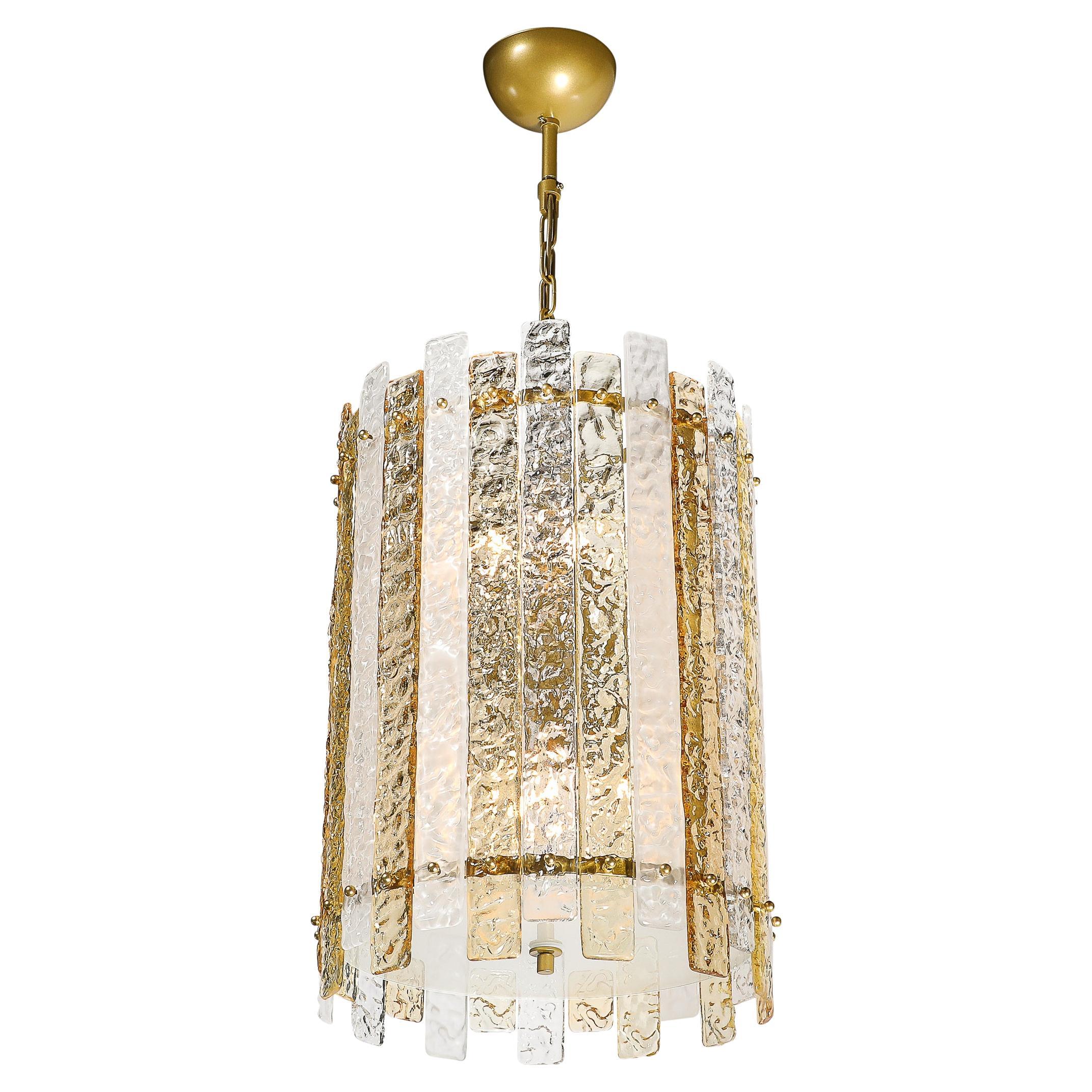 Lustre cylindrique moderne à panneaux en verre de Murano clair et ambre soufflé à la bouche en vente