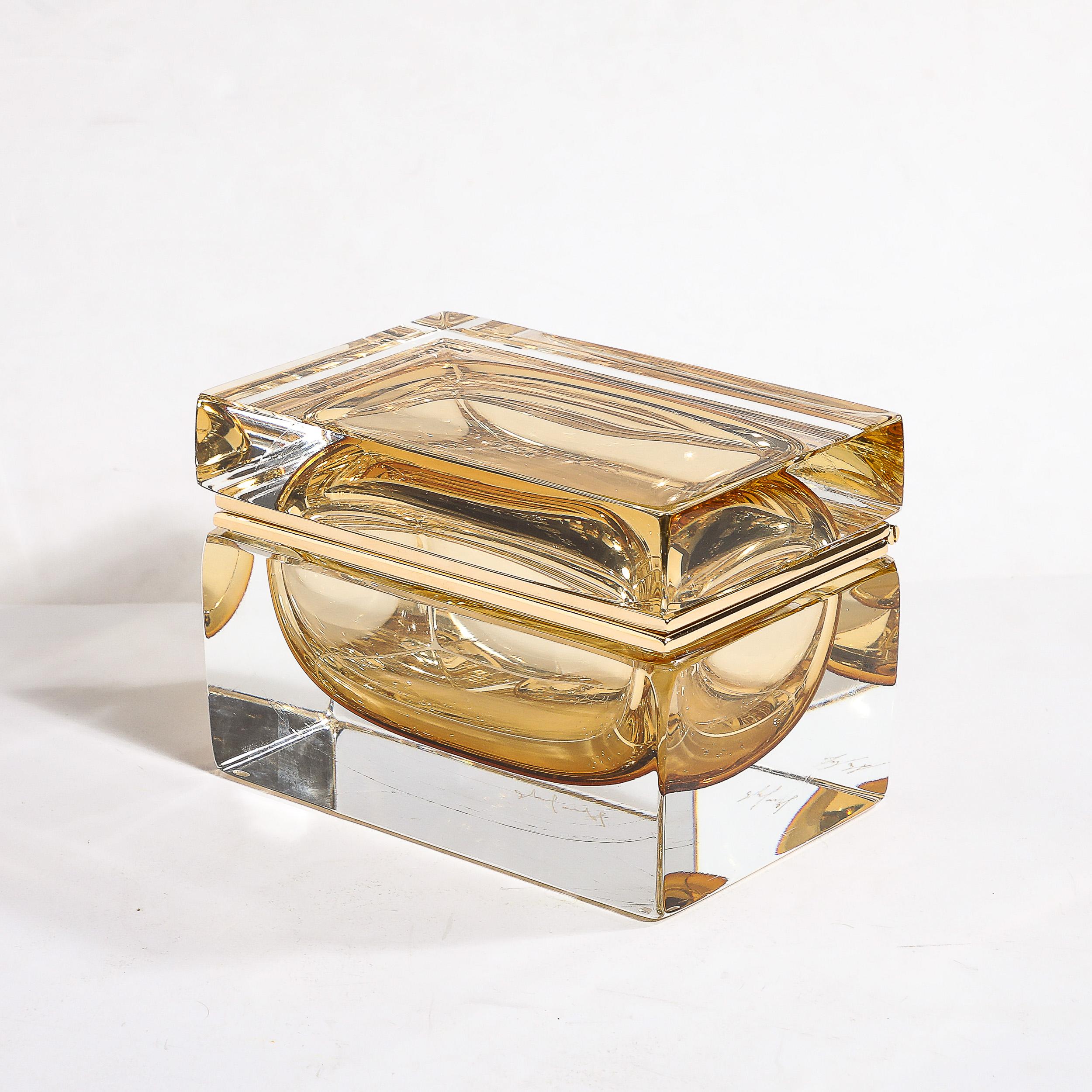 Modernist Hand-Blown Amber Murano Glass Box with Brass Fittings For Sale 7