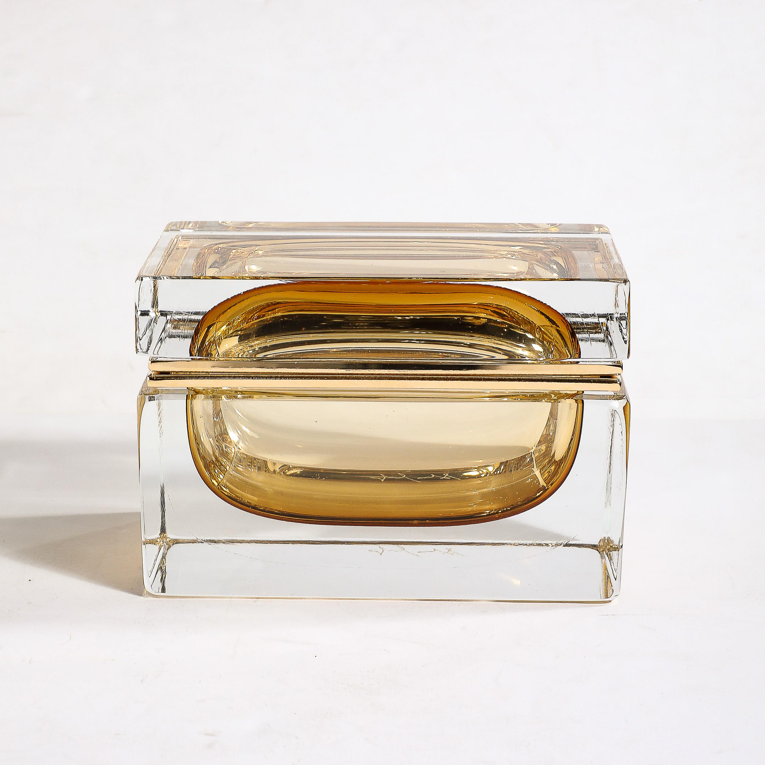 Italian Modernist Hand-Blown Amber Murano Glass Box with Brass Fittings For Sale