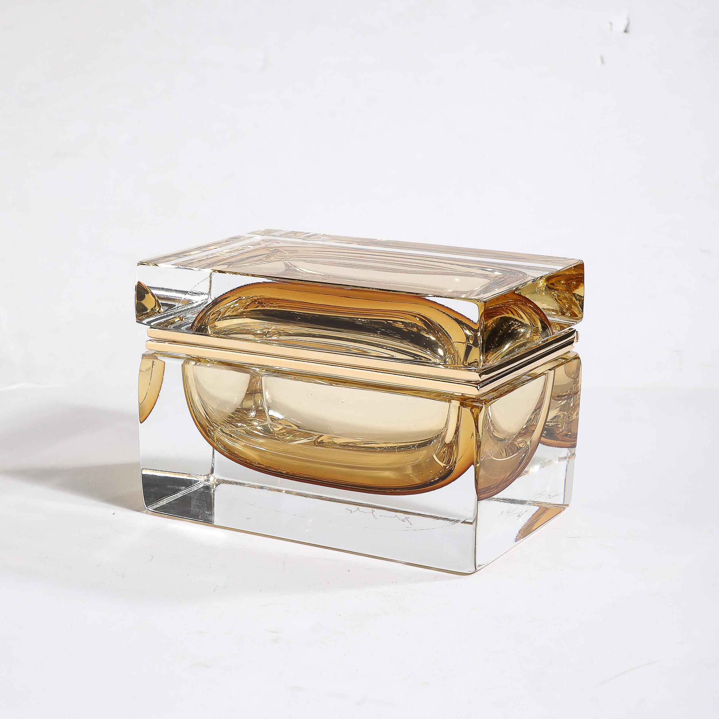 Modernist Hand-Blown Amber Murano Glass Box with Brass Fittings In Excellent Condition For Sale In New York, NY
