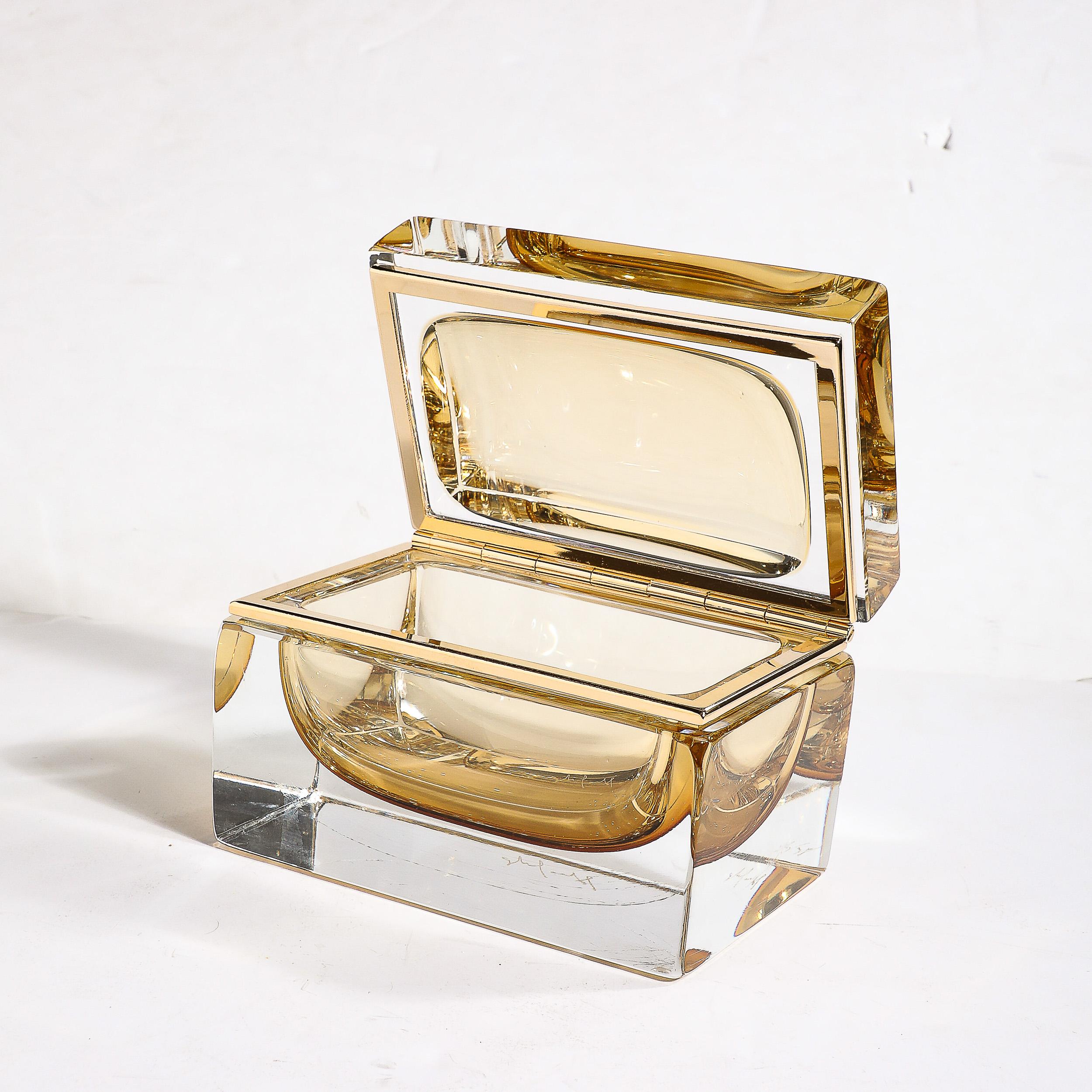 Contemporary Modernist Hand-Blown Amber Murano Glass Box with Brass Fittings For Sale