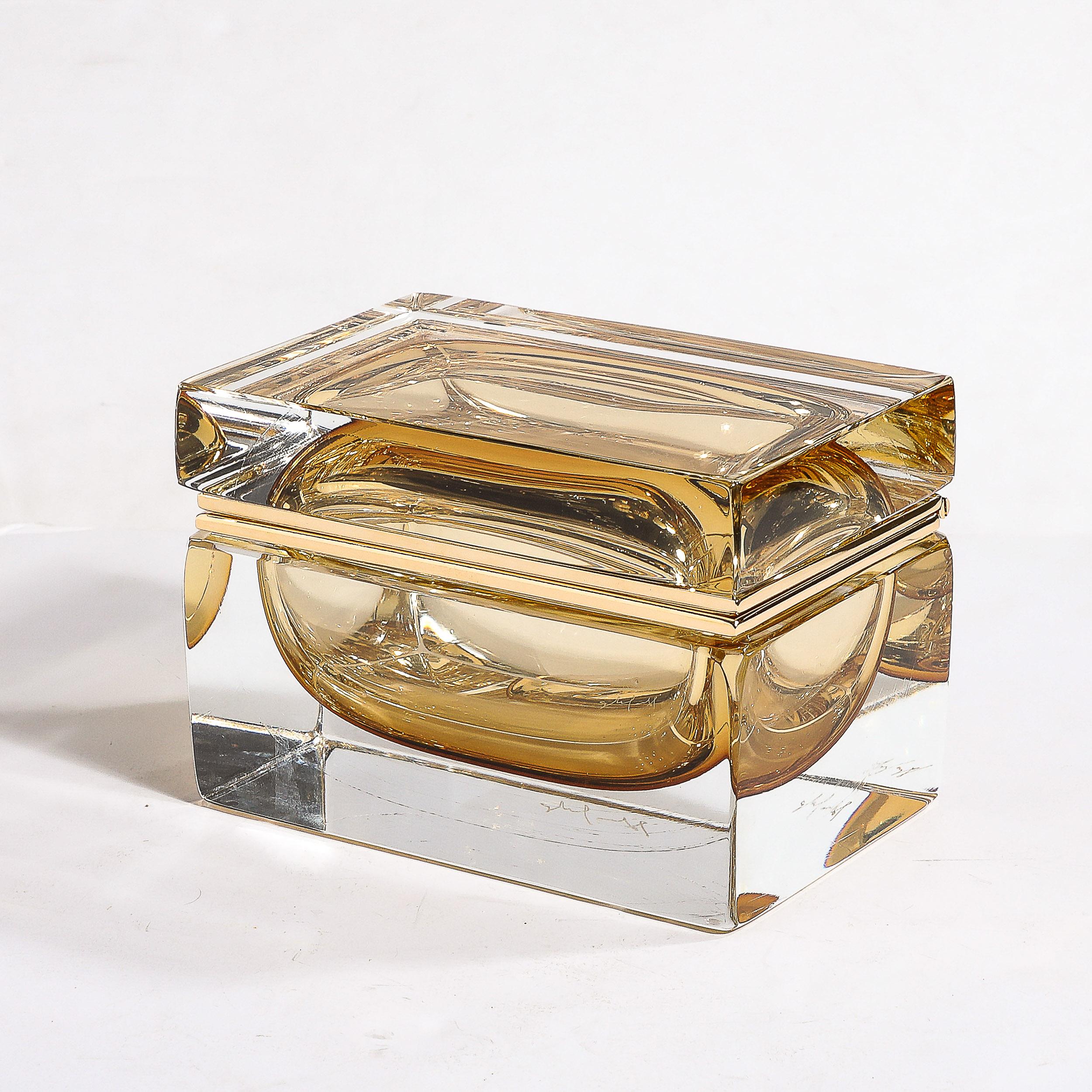 Modernist Hand-Blown Amber Murano Glass Box with Brass Fittings For Sale 1