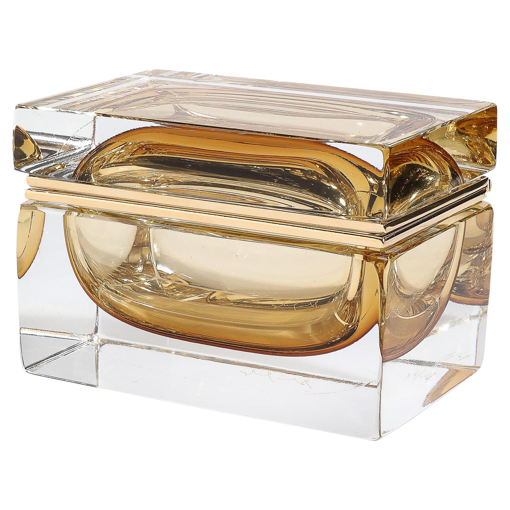 Modernist Hand-Blown Amber Murano Glass Box with Brass Fittings For Sale