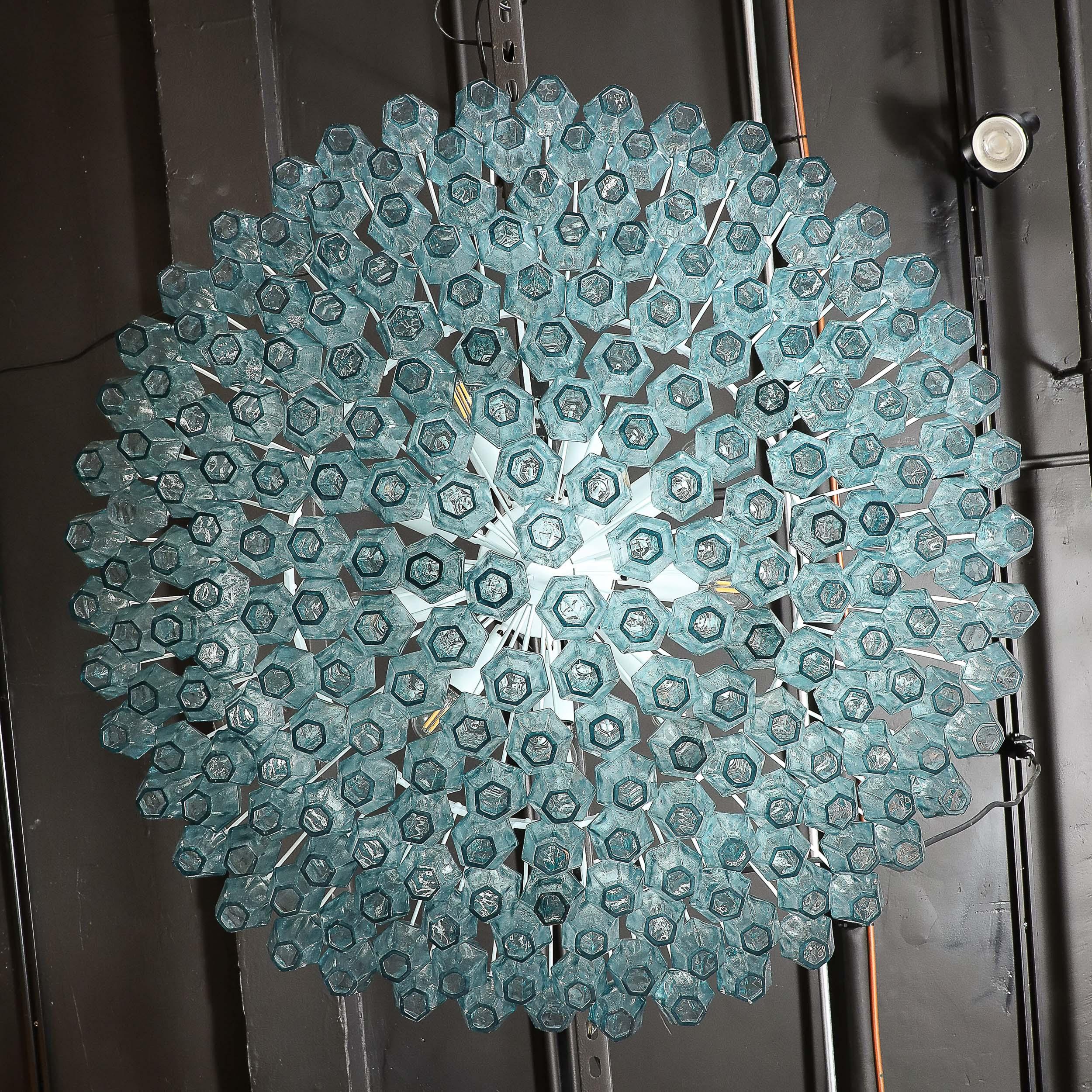 italien Lustre polyédrique moderne en verre de Murano soufflé à la bouche, aigue-marine en vente