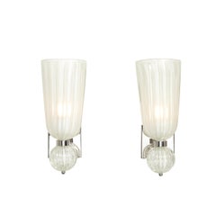 Modernist Hand-Blown Fluted 24K White Gold Fleck Murano Glass & Nickel Sconces