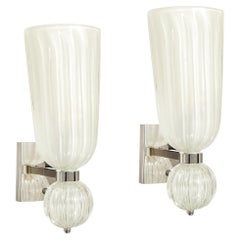 Modernist Hand-Blown Fluted 24K White Gold Fleck Murano Glass & Nickel Sconces
