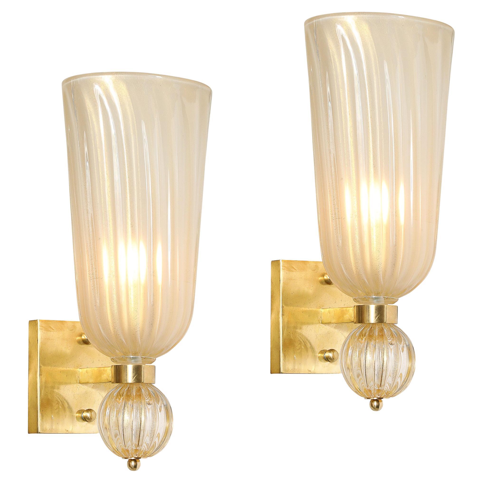 Modernist Hand-Blown Fluted Murano Glass & Brass Sconces W/ 24K Gold Flecks