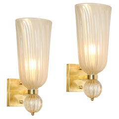 Modernist Hand-Blown Fluted Murano Glass & Brass Sconces W/ 24K Gold Flecks