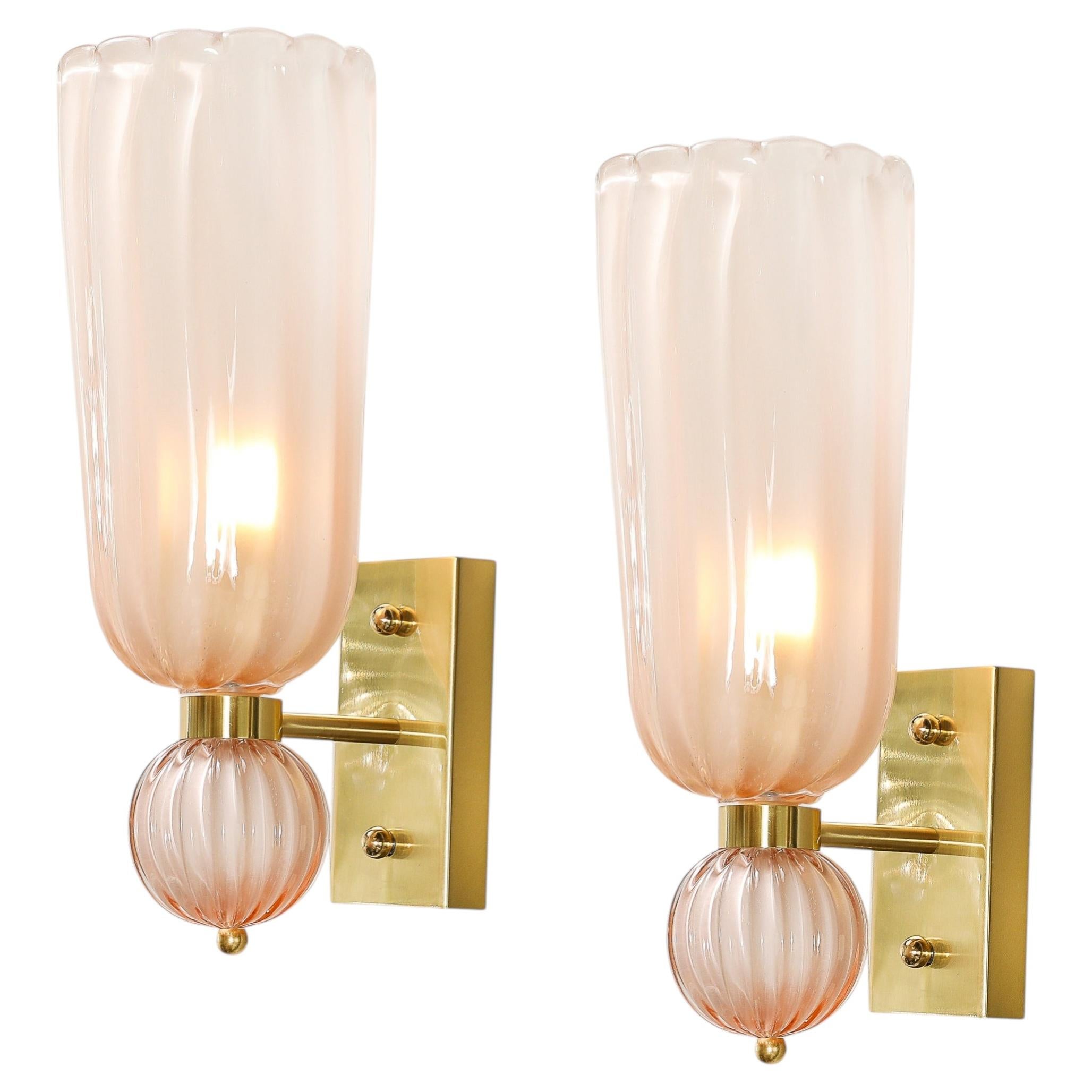 Modernist Hand-Blown Fluted Murano Glass Sconces w/ Orbital Drop in Frosted Rose