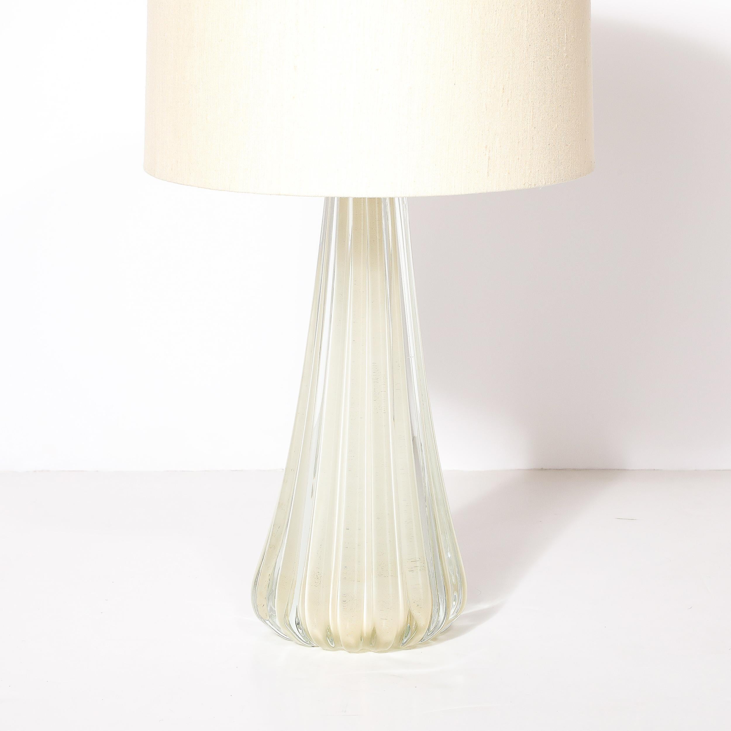 Italian Modernist Hand-Blown Fluted Oyster Murano Glass & Brass Table Lamps For Sale